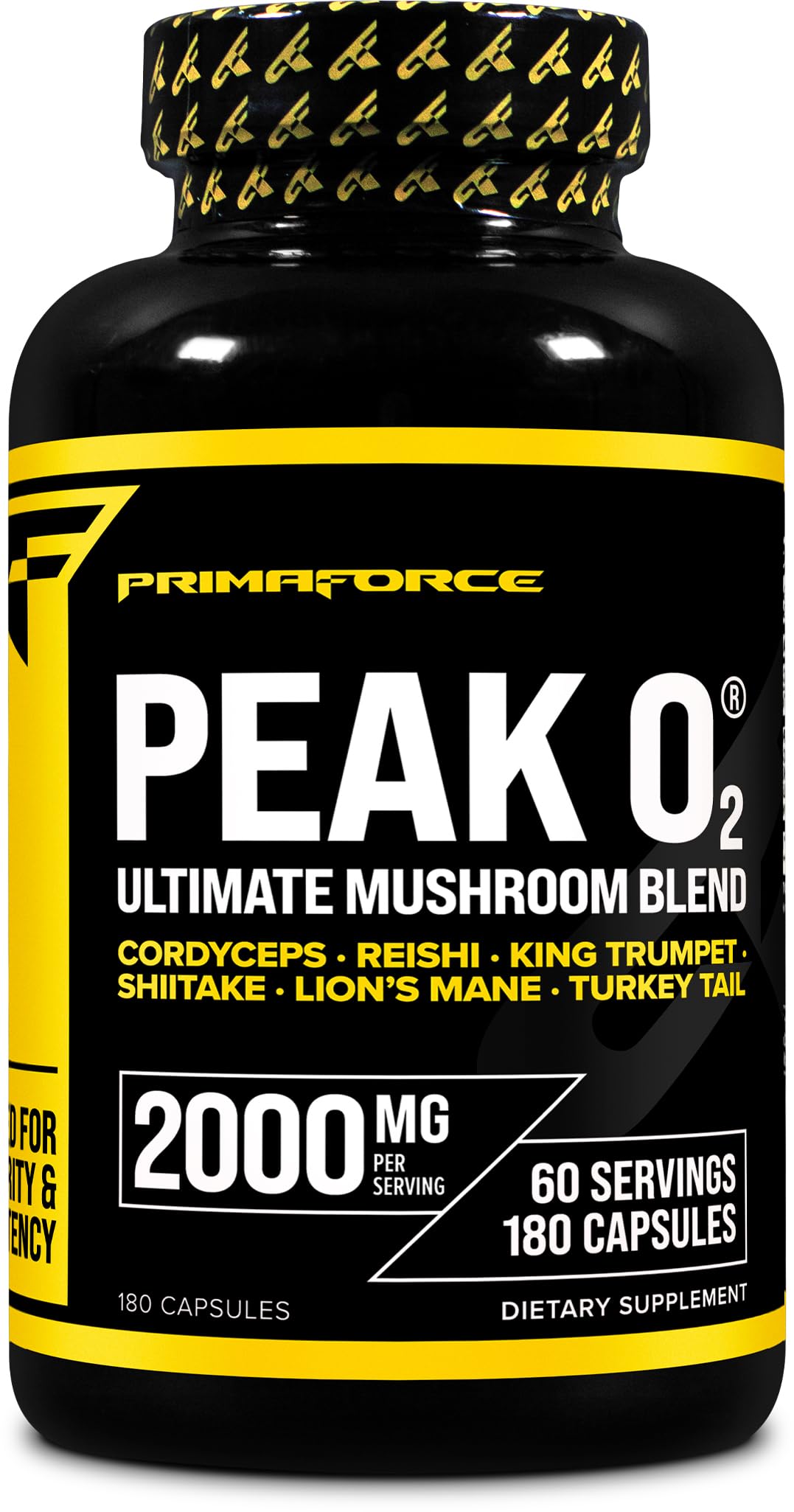 Primaforce Peak O2 Mushroom Supplement front view of bottle