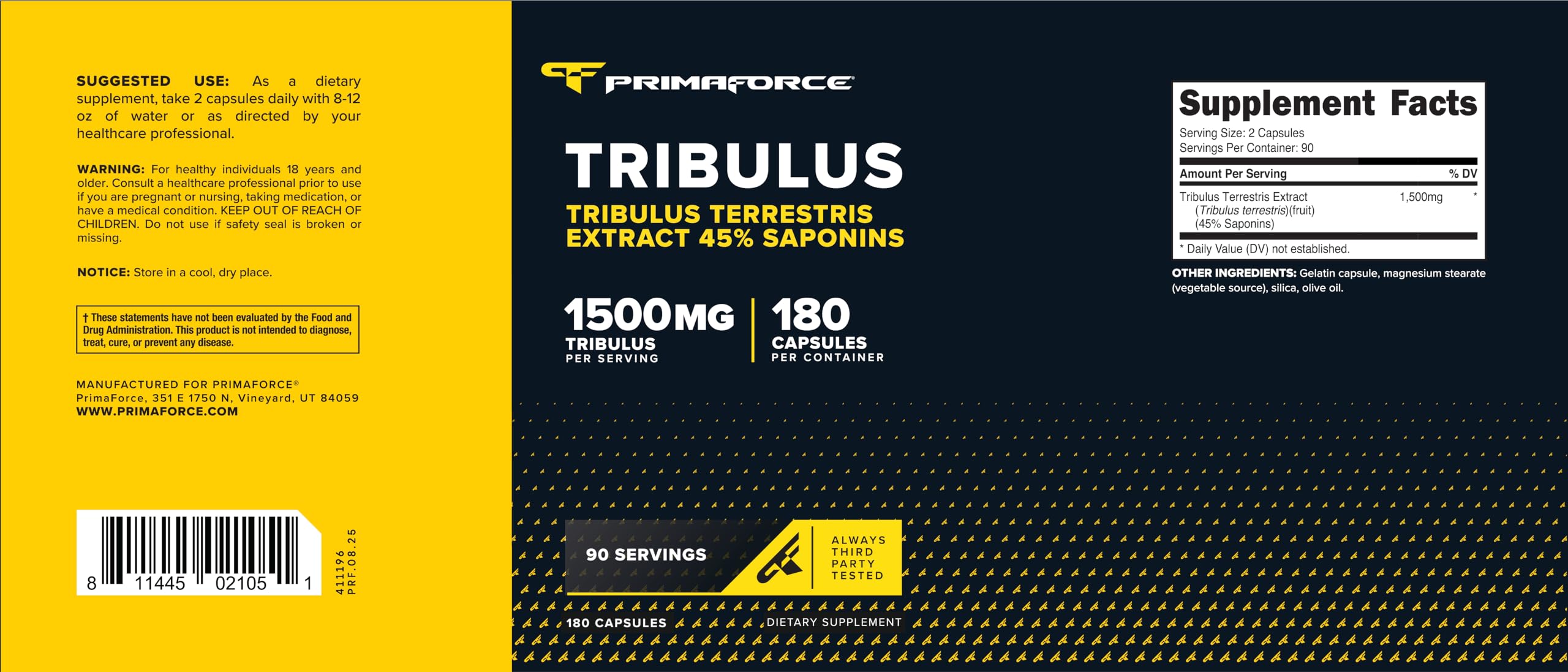 Primaforce Tribulus Terrestris Capsules bottle with ingredients list