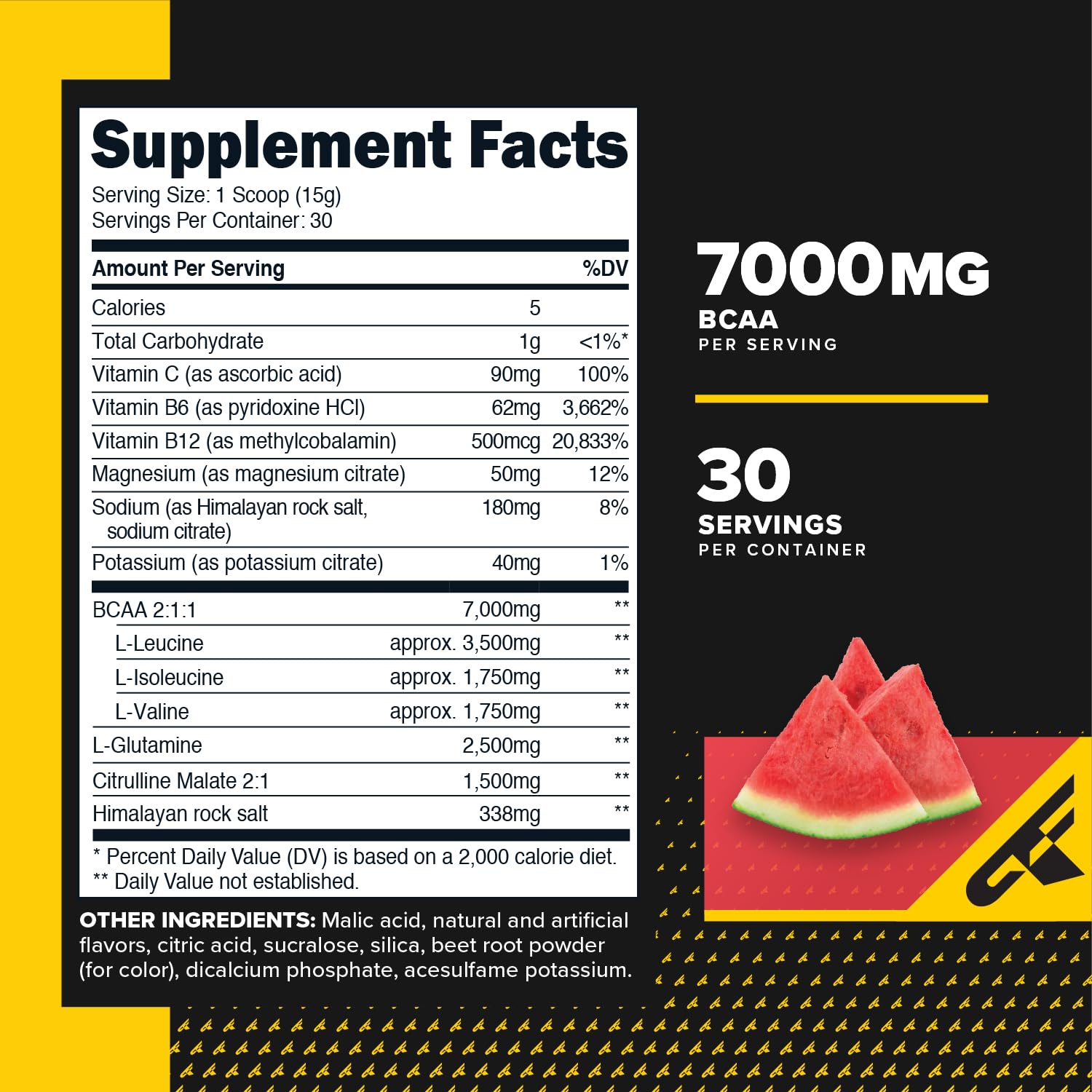 Primaforce Watermelon BCAA Powder side view showing nutritional information