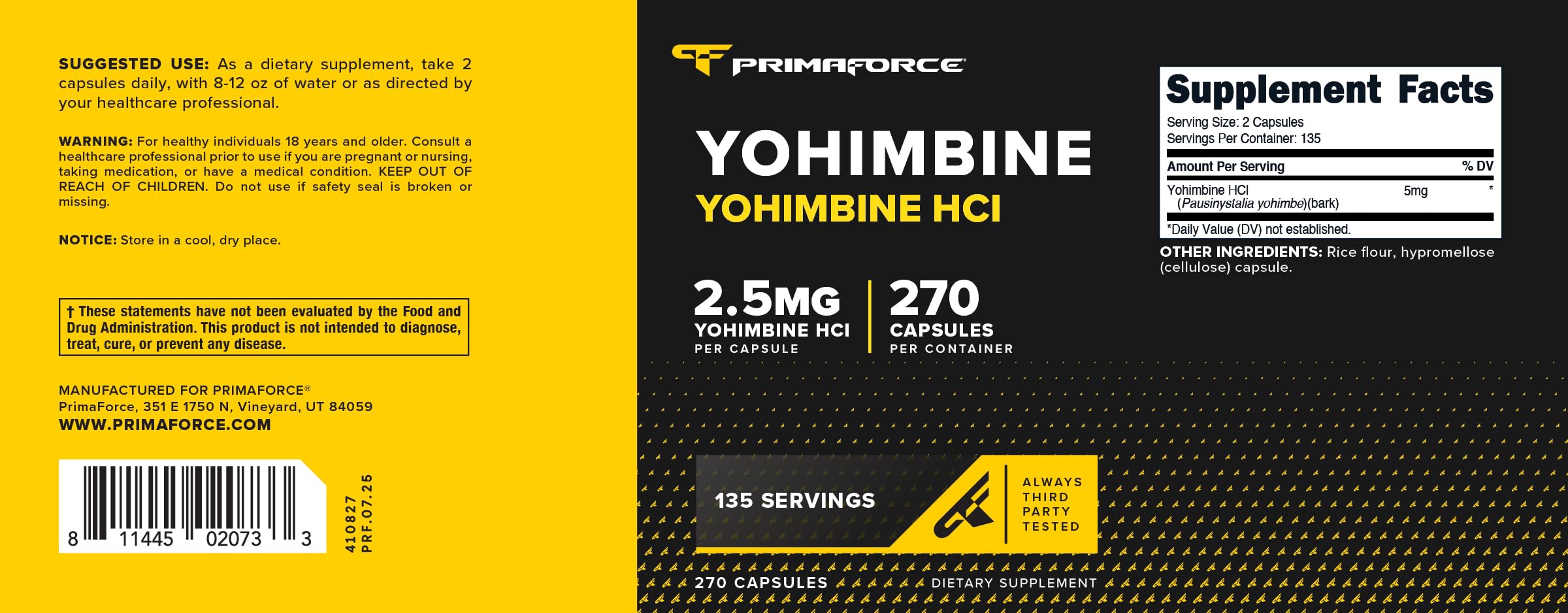 Primaforce Yohimbe Supplement bottle back view