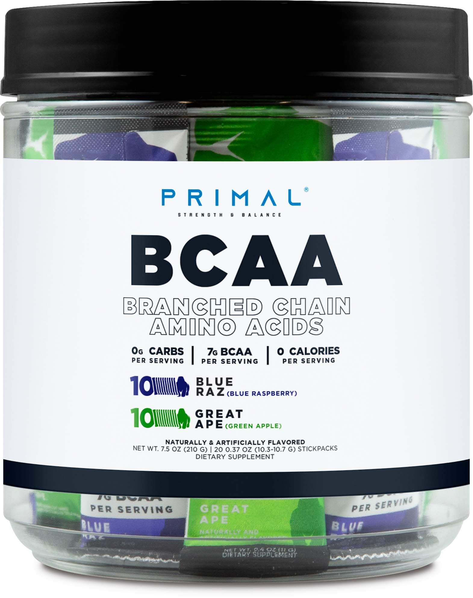 Primal BCAA Variety Pack front view with Blue Raspberry and Green Apple stickpacks
