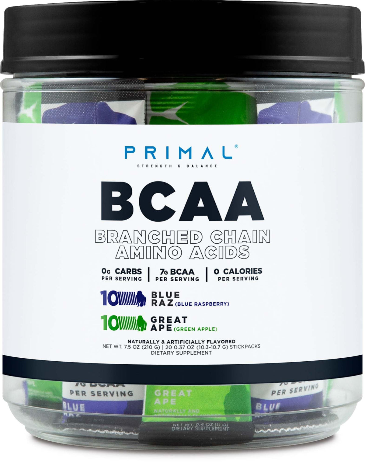 Primal BCAA Variety Pack front view with Blue Raspberry and Green Apple stickpacks