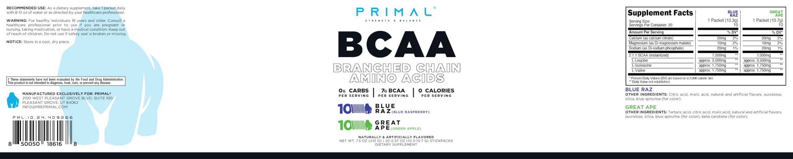 Primal BCAA Variety Pack packaging with 20 stickpacks displayed