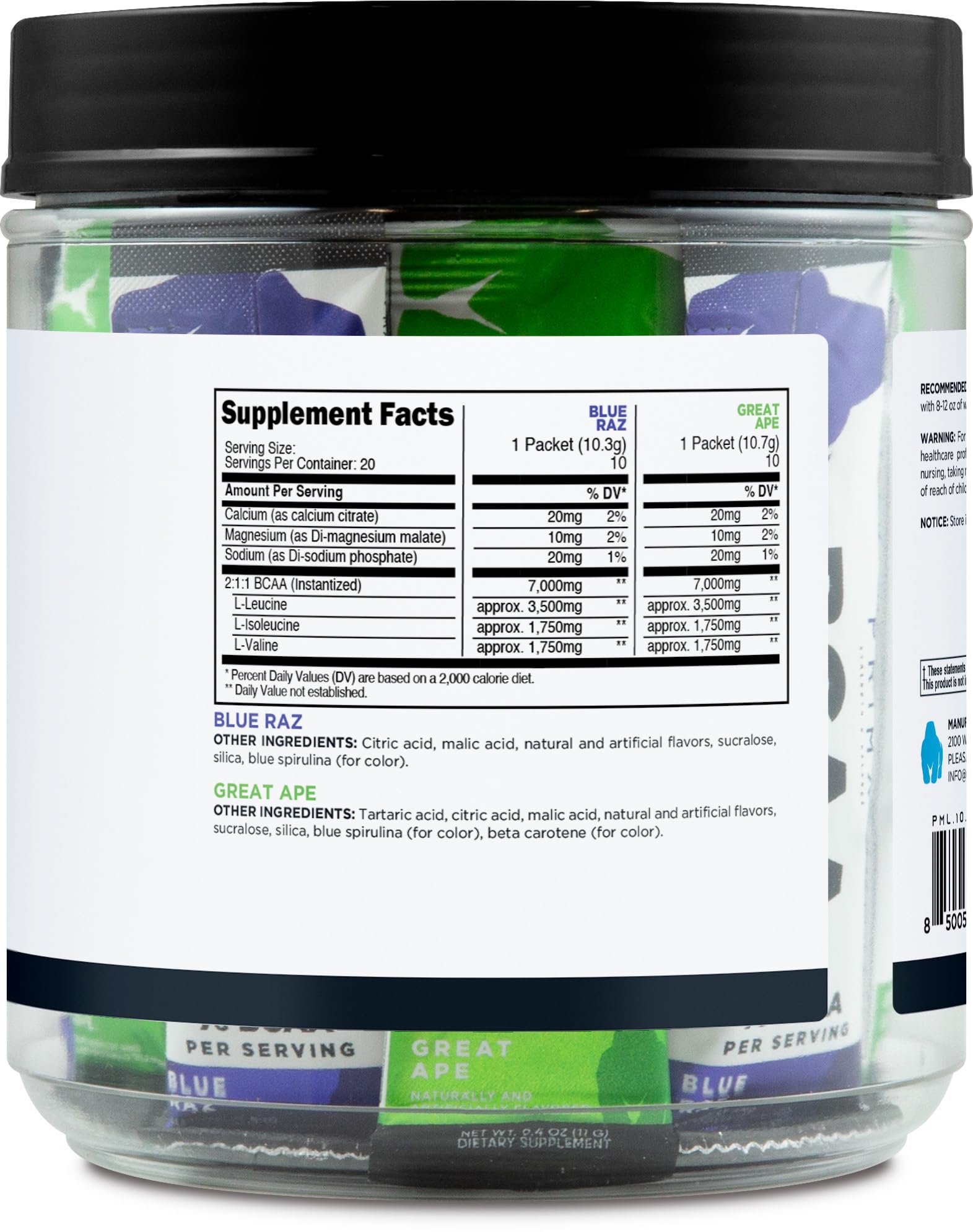 Primal BCAA Variety Pack side view with nutritional information