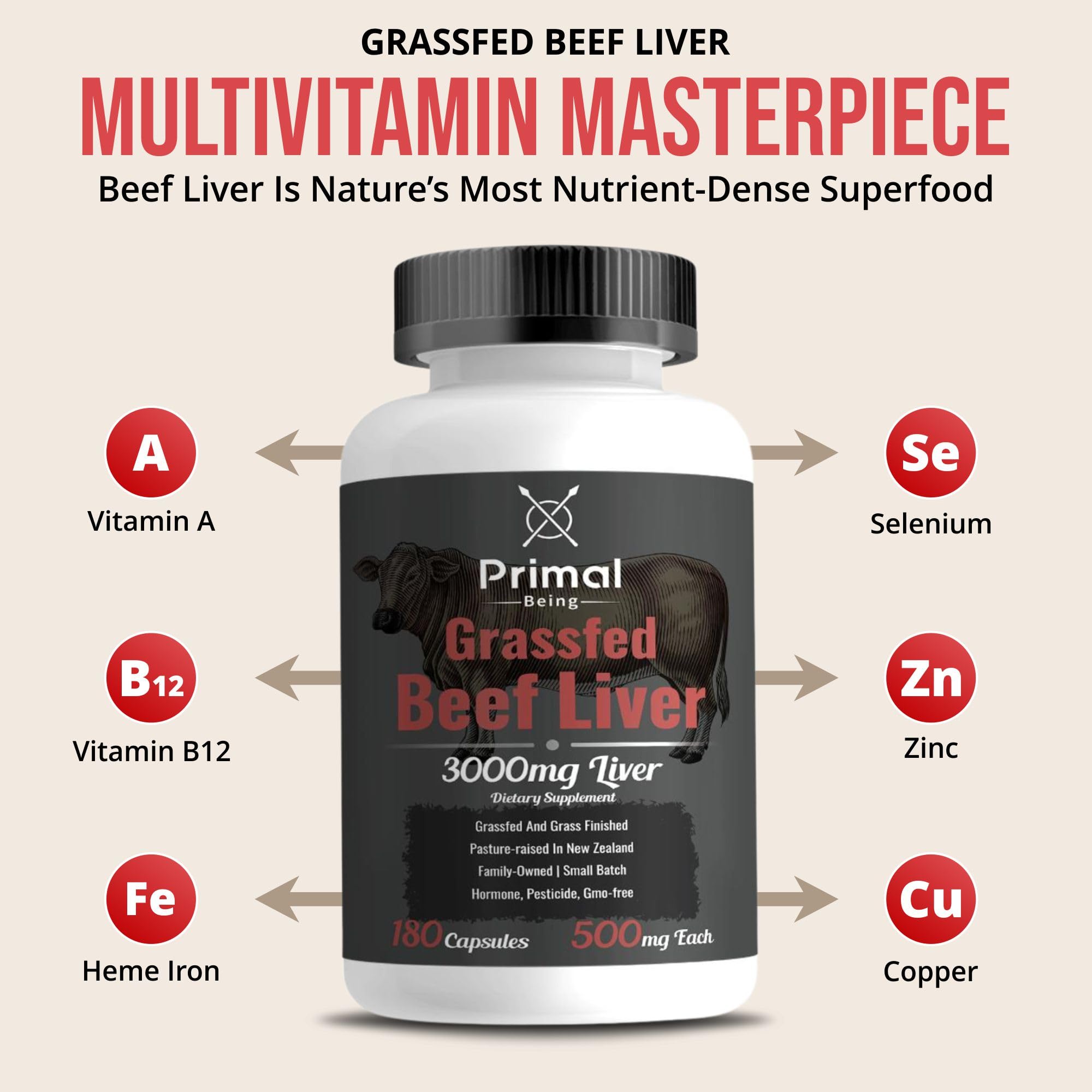 Primal Being Beef Liver Capsules side view showing dosage