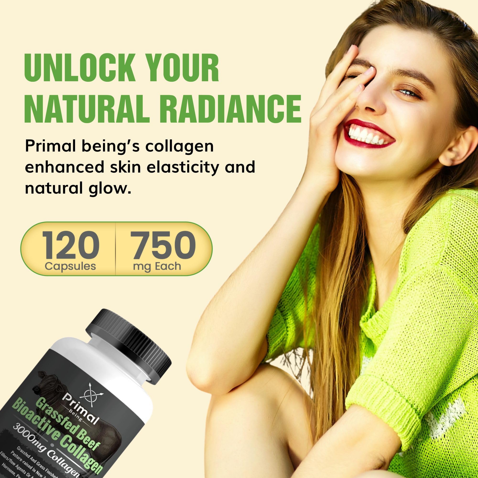 Primal Being Bioactive Collagen Capsules displayed with natural ingredients