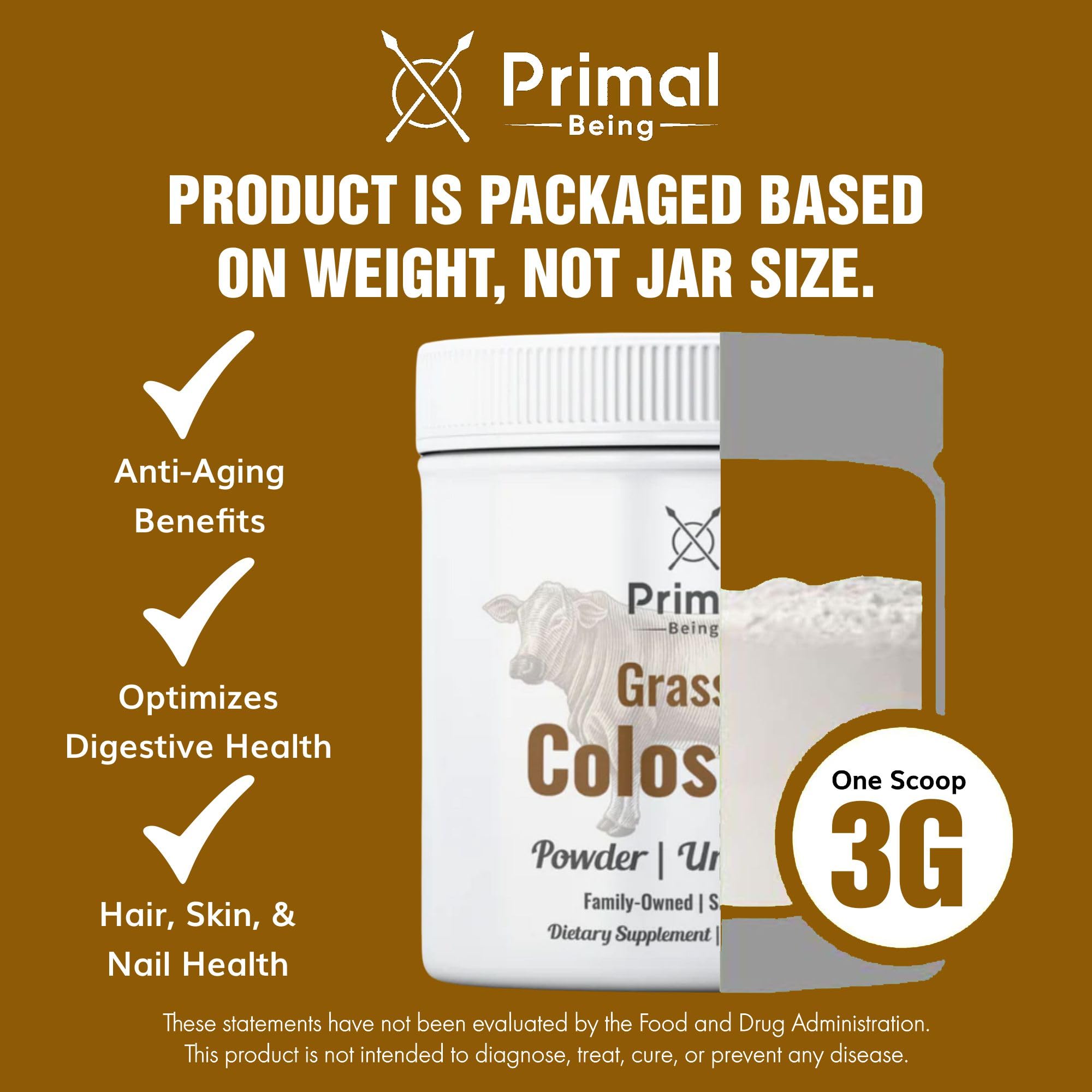 Primal Being Grassfed Colostrum Powder 126g on a kitchen counter