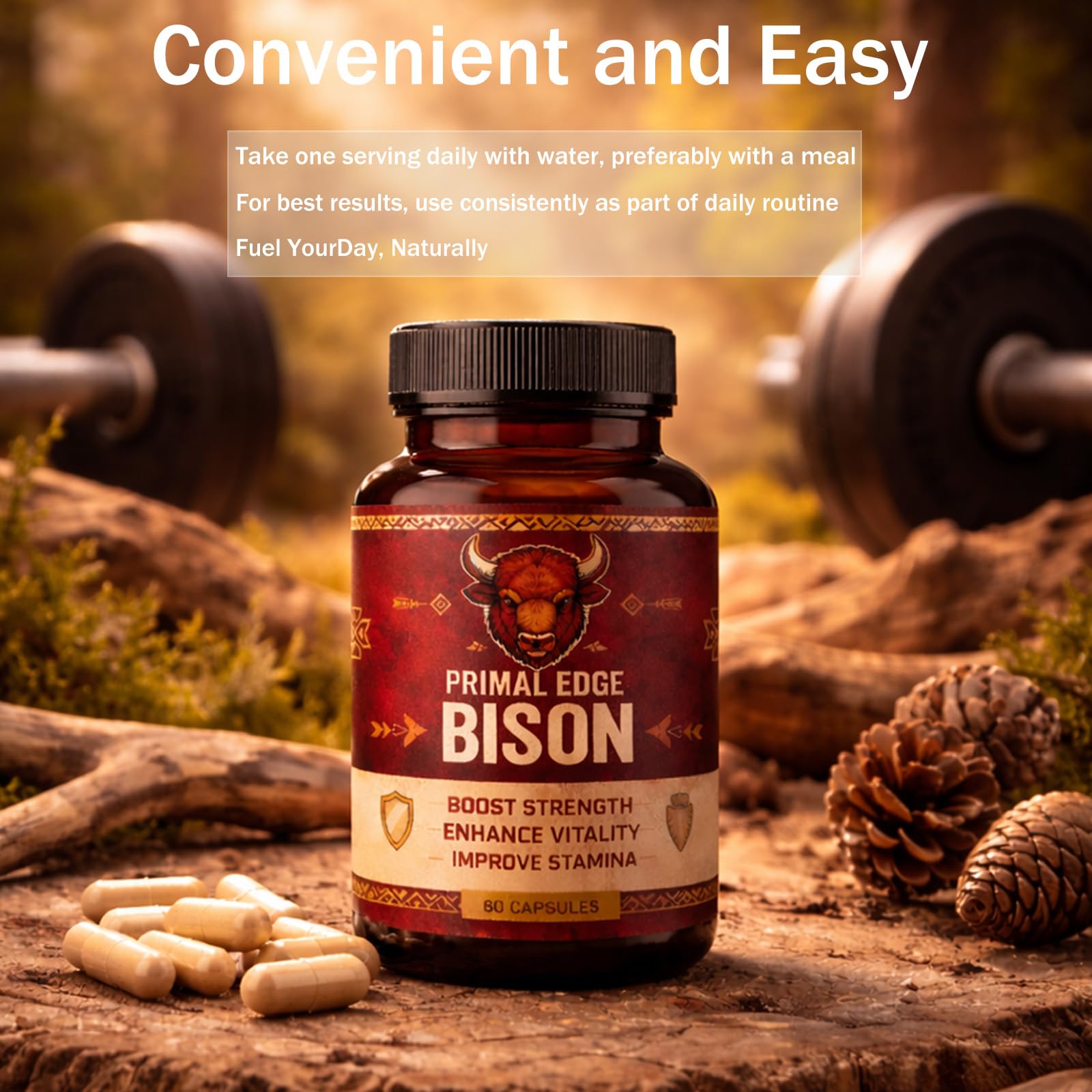 Primal Edge Biso Bison Extract Capsules on a wooden table