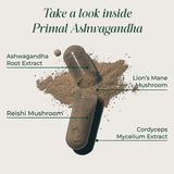 Primal Harvest Ashwagandha Supplement capsules displayed on a wooden table