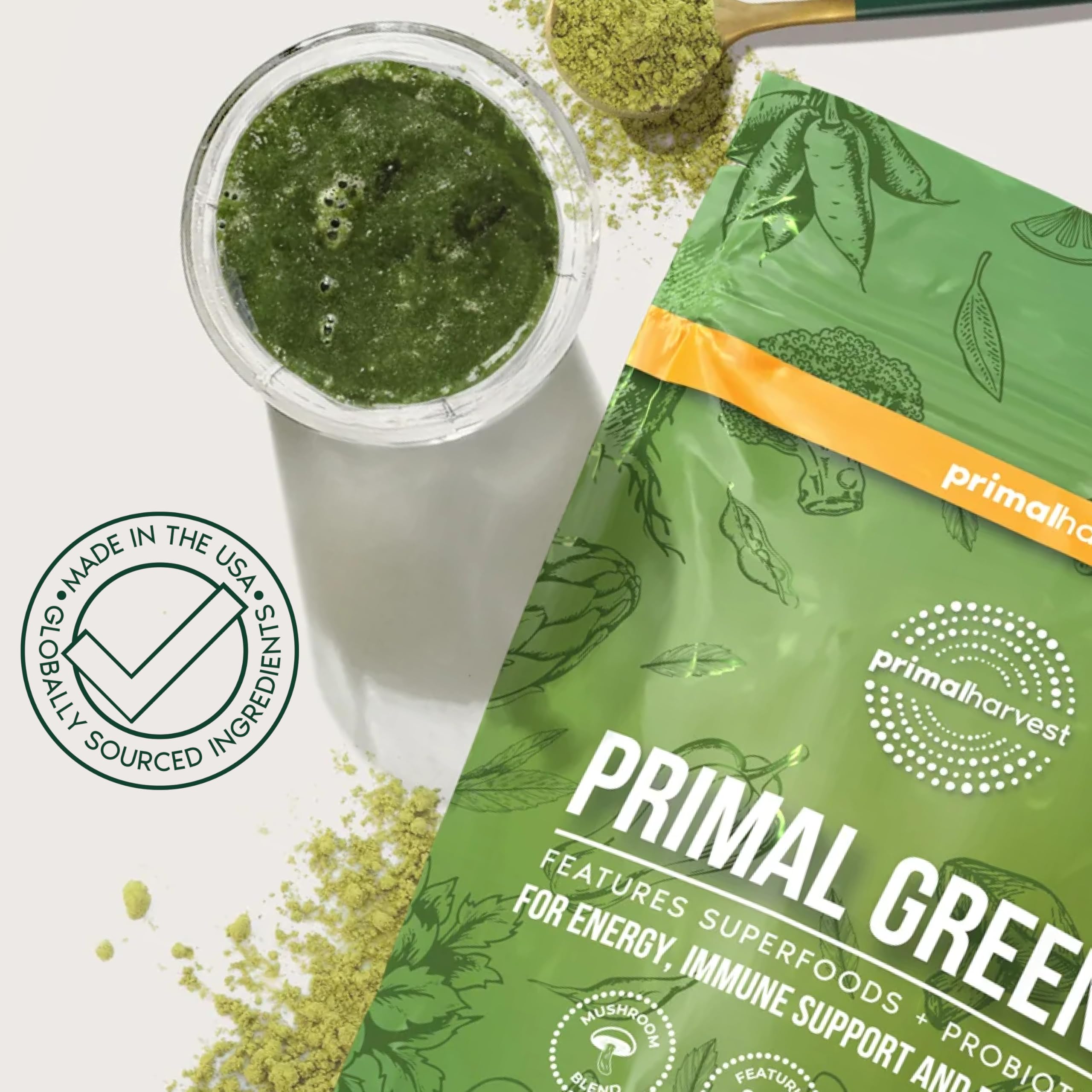Primal Harvest Chlorella Super Greens Powder lifestyle scene with smoothie