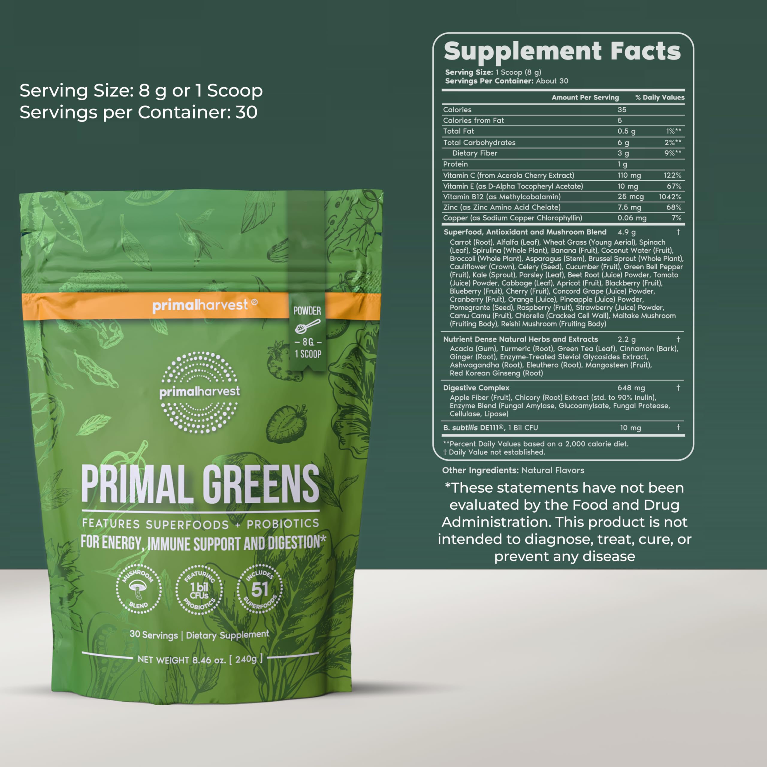 Primal Harvest Chlorella Super Greens Powder packaging side view