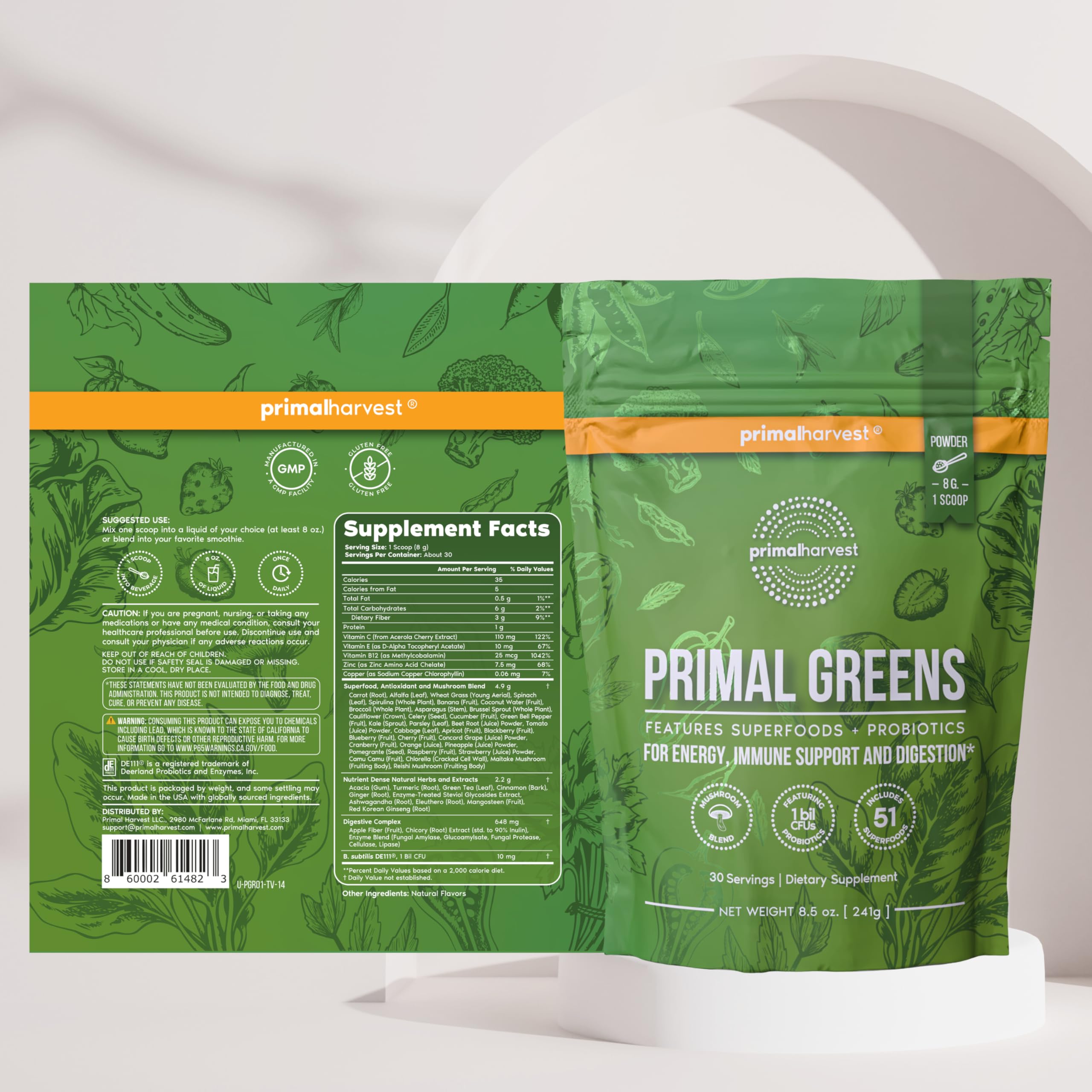 Primal Harvest Chlorella Super Greens Powder with fresh greens