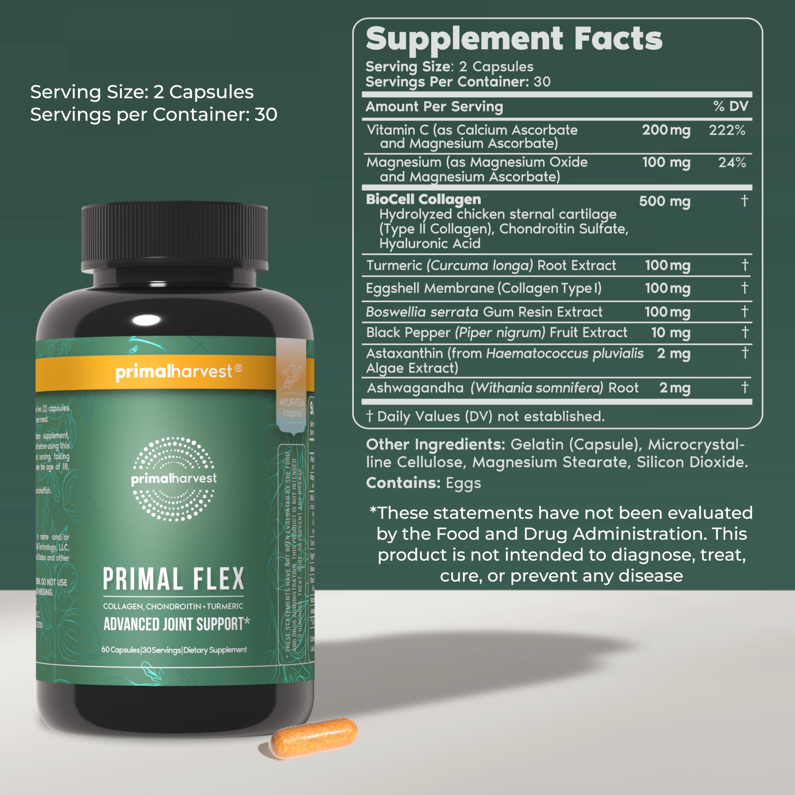 Primal Harvest Collagen Joint Support Supplement 60 Capsules back view