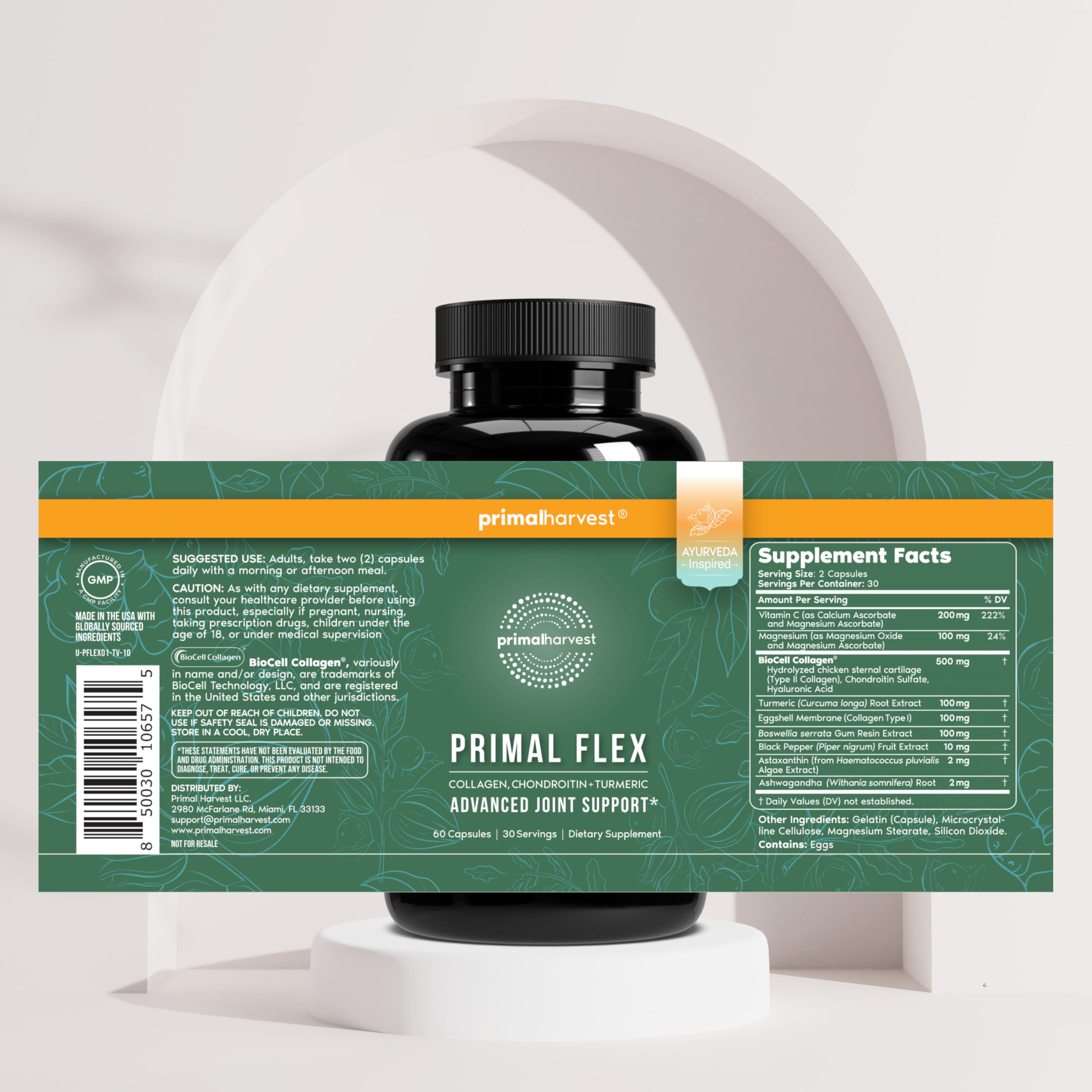 Primal Harvest Collagen Joint Support Supplement 60 Capsules on a kitchen counter