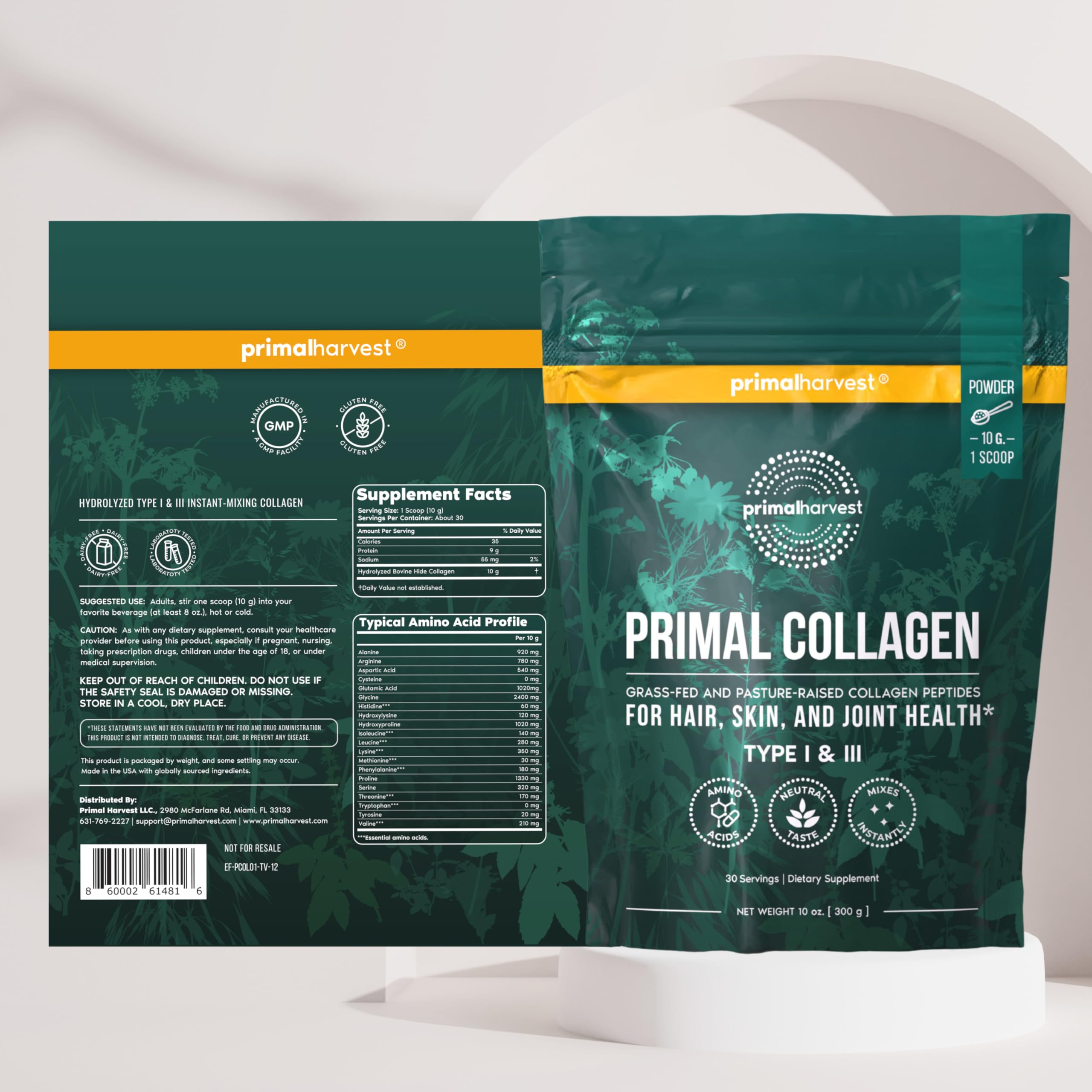 Primal Harvest Collagen Powder 300g nutritional information on packaging