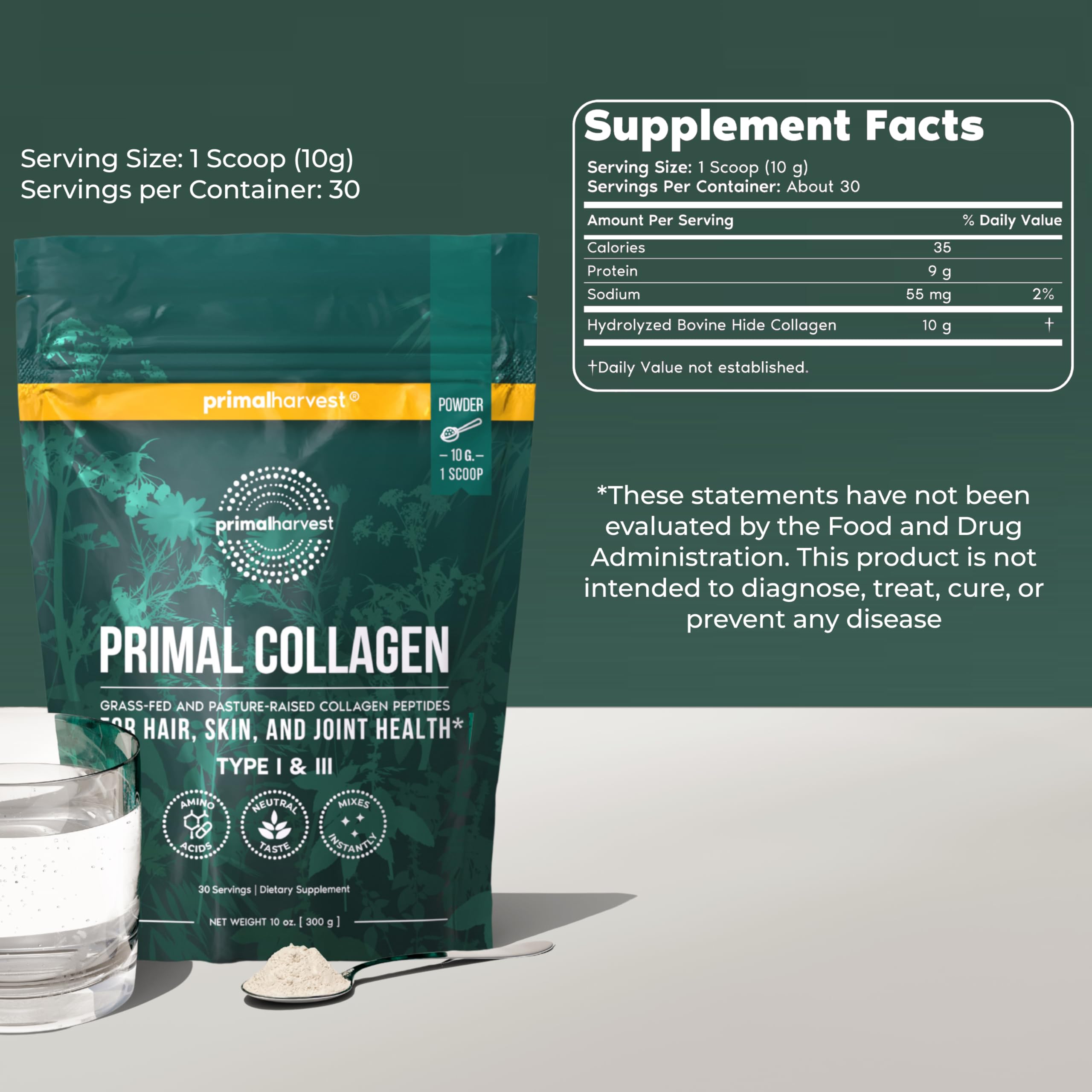 Primal Harvest Collagen Powder 300g scoop next to the container