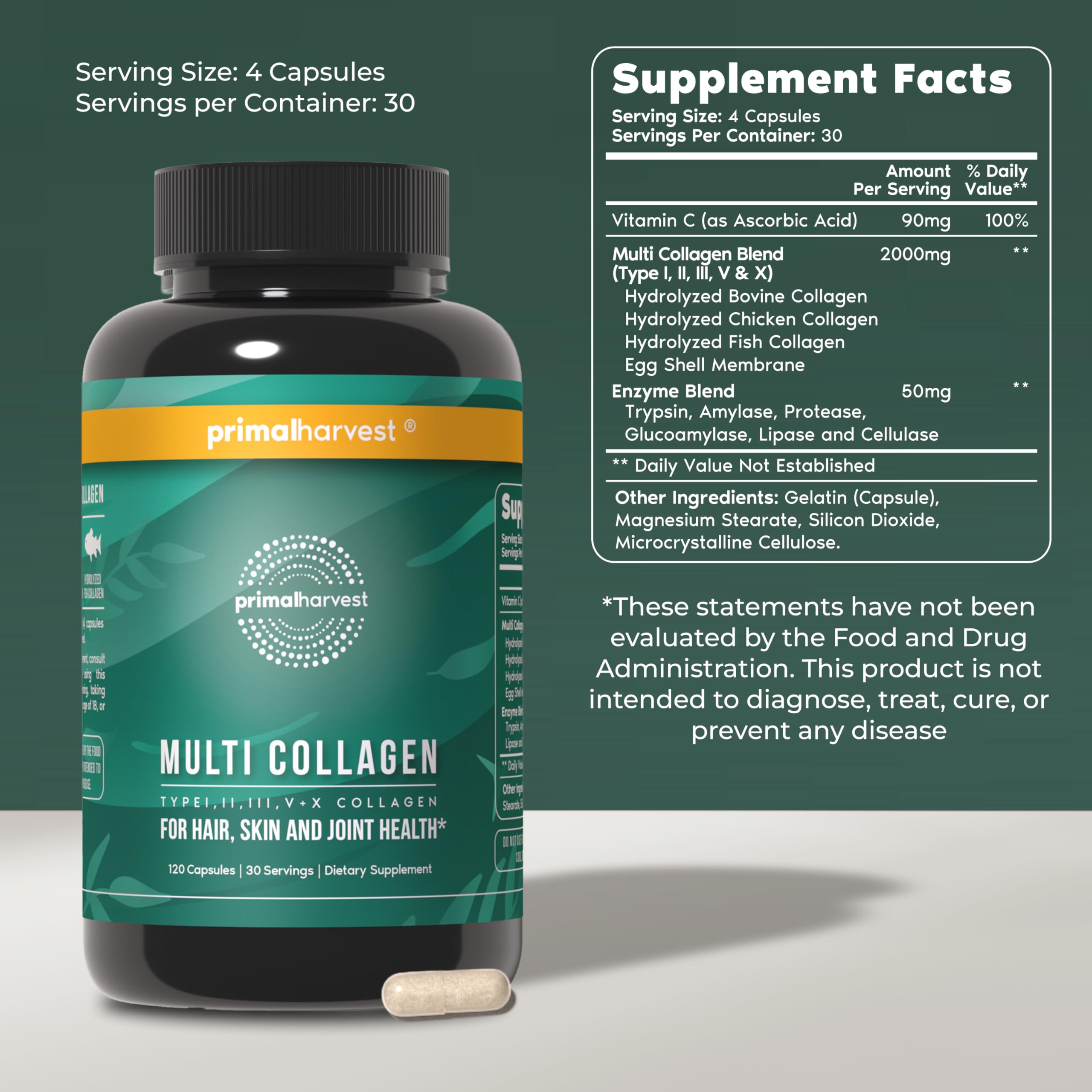 Primal Harvest Comprehensive Collagen Blend 120 Capsules side view