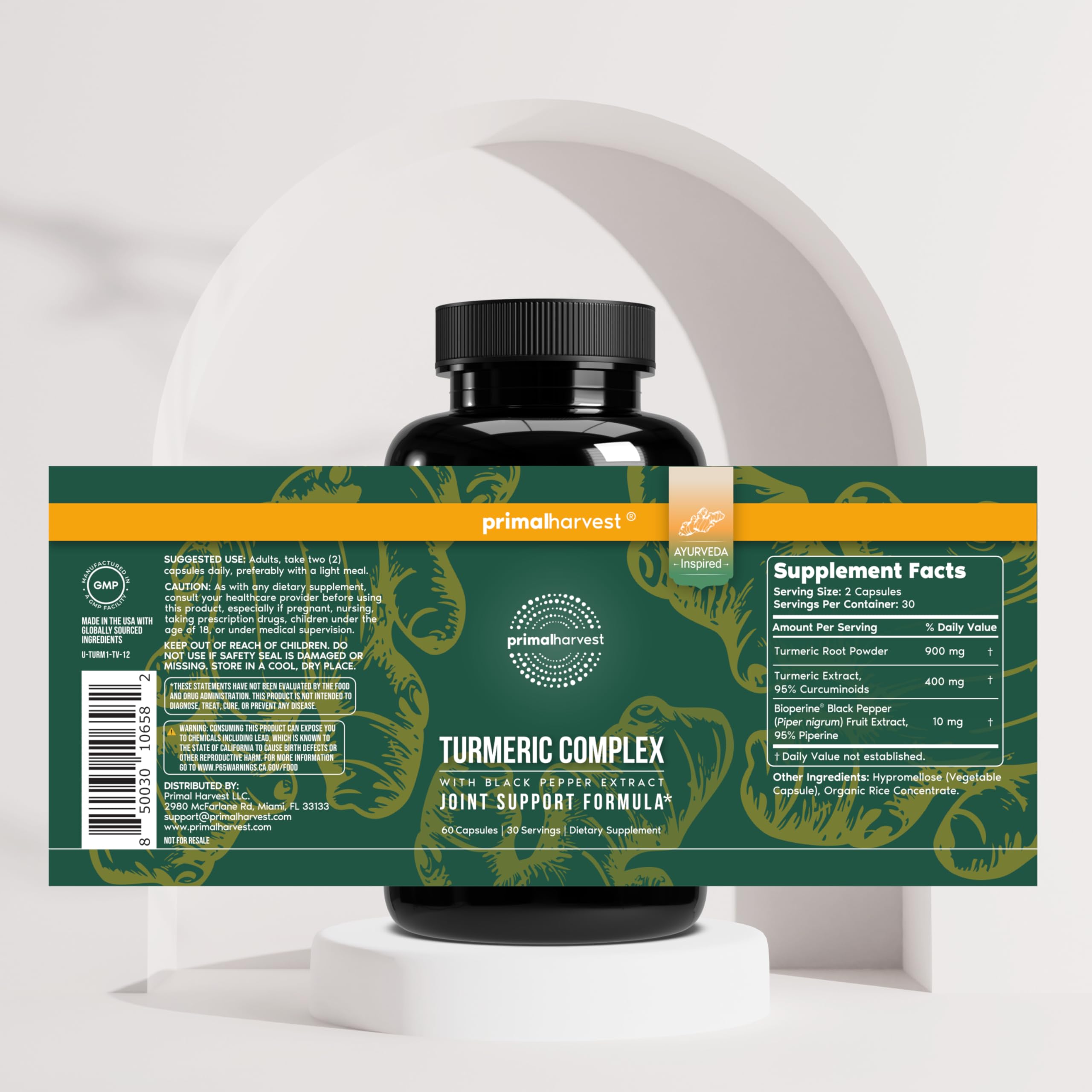 Primal Harvest Curcumin Supplement with turmeric root background