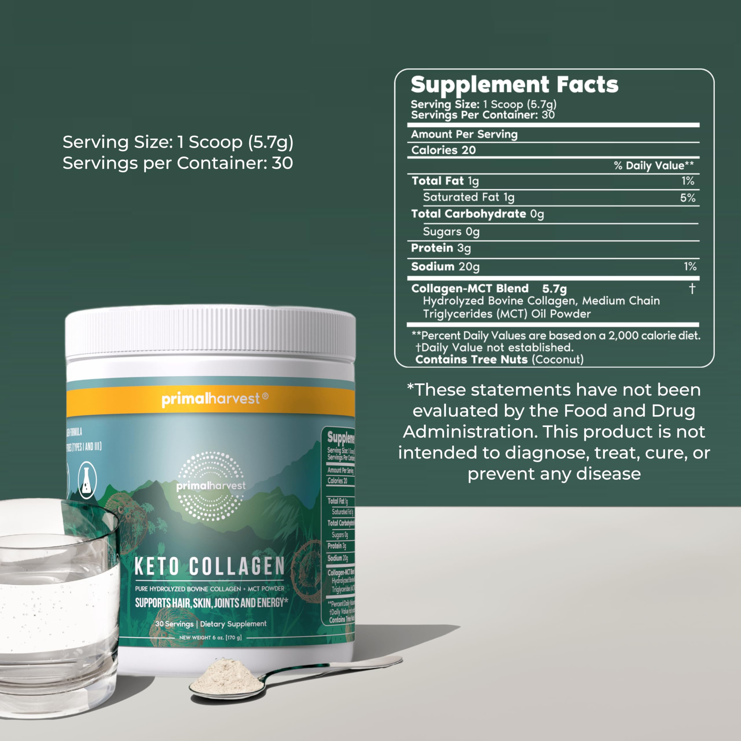 Primal Harvest Keto Collagen Powder 170g side view with scoop