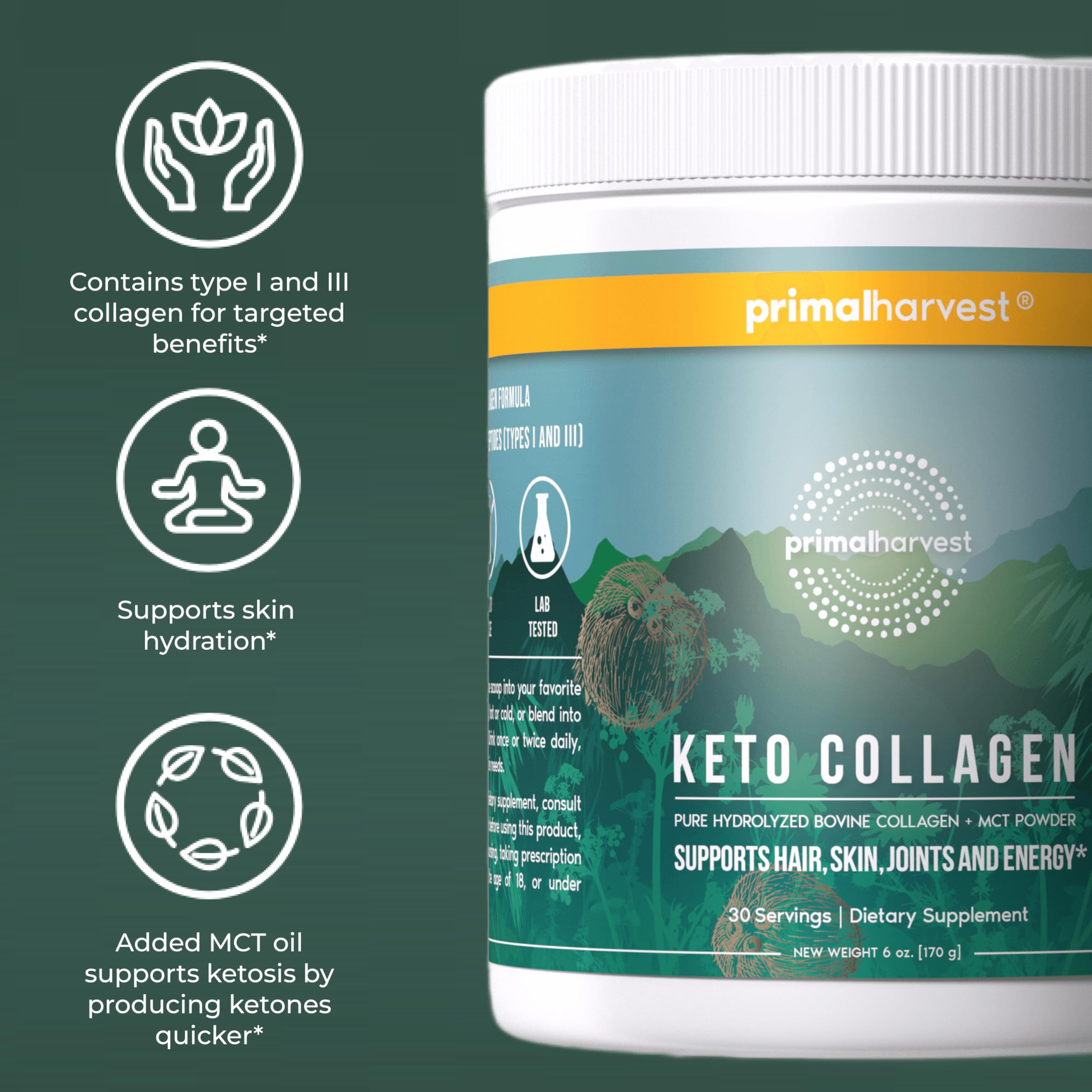 Primal Harvest Keto Collagen Powder 170g with measuring scoop