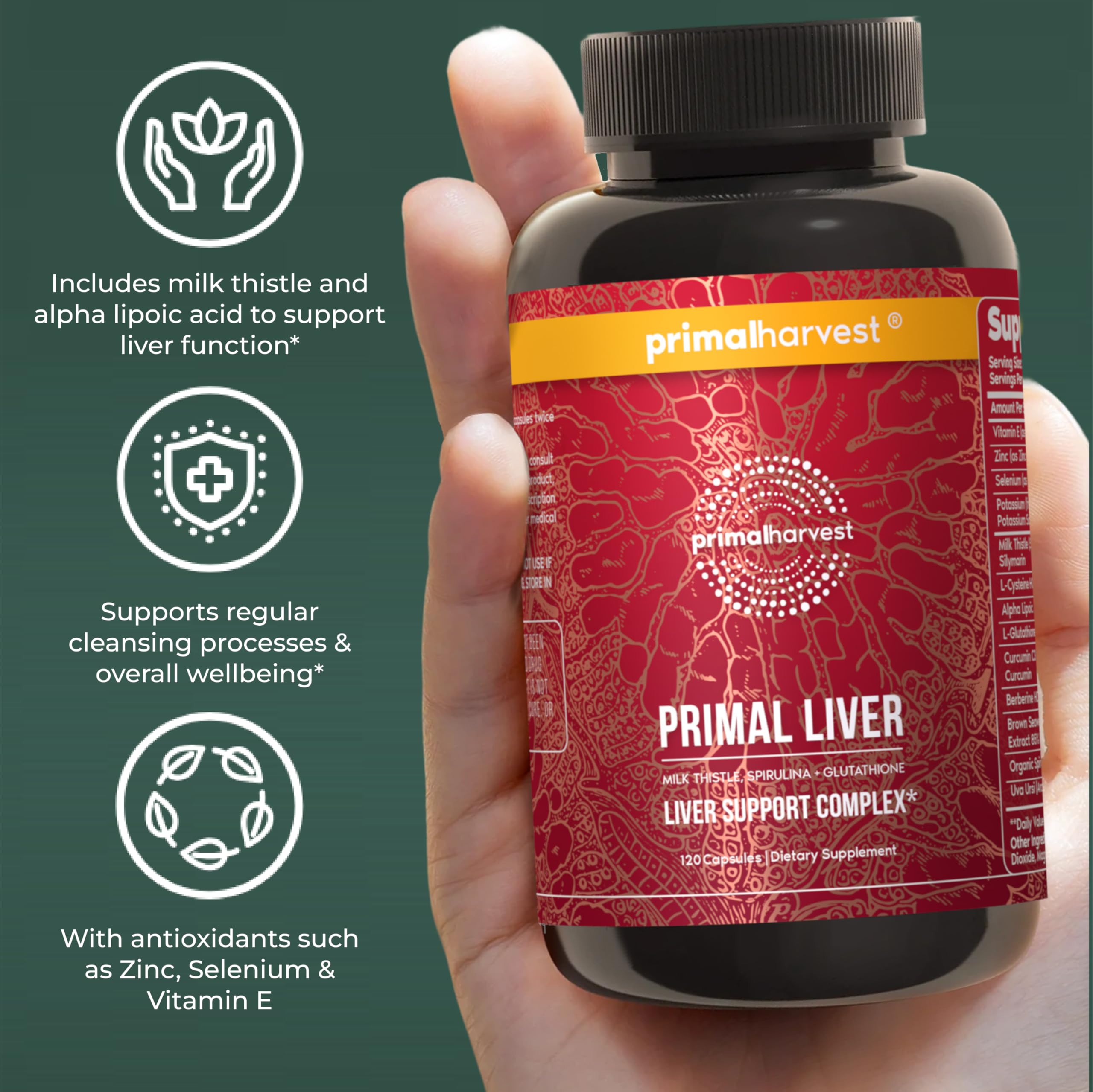 Primal Harvest Liver Support Capsules on a wooden table