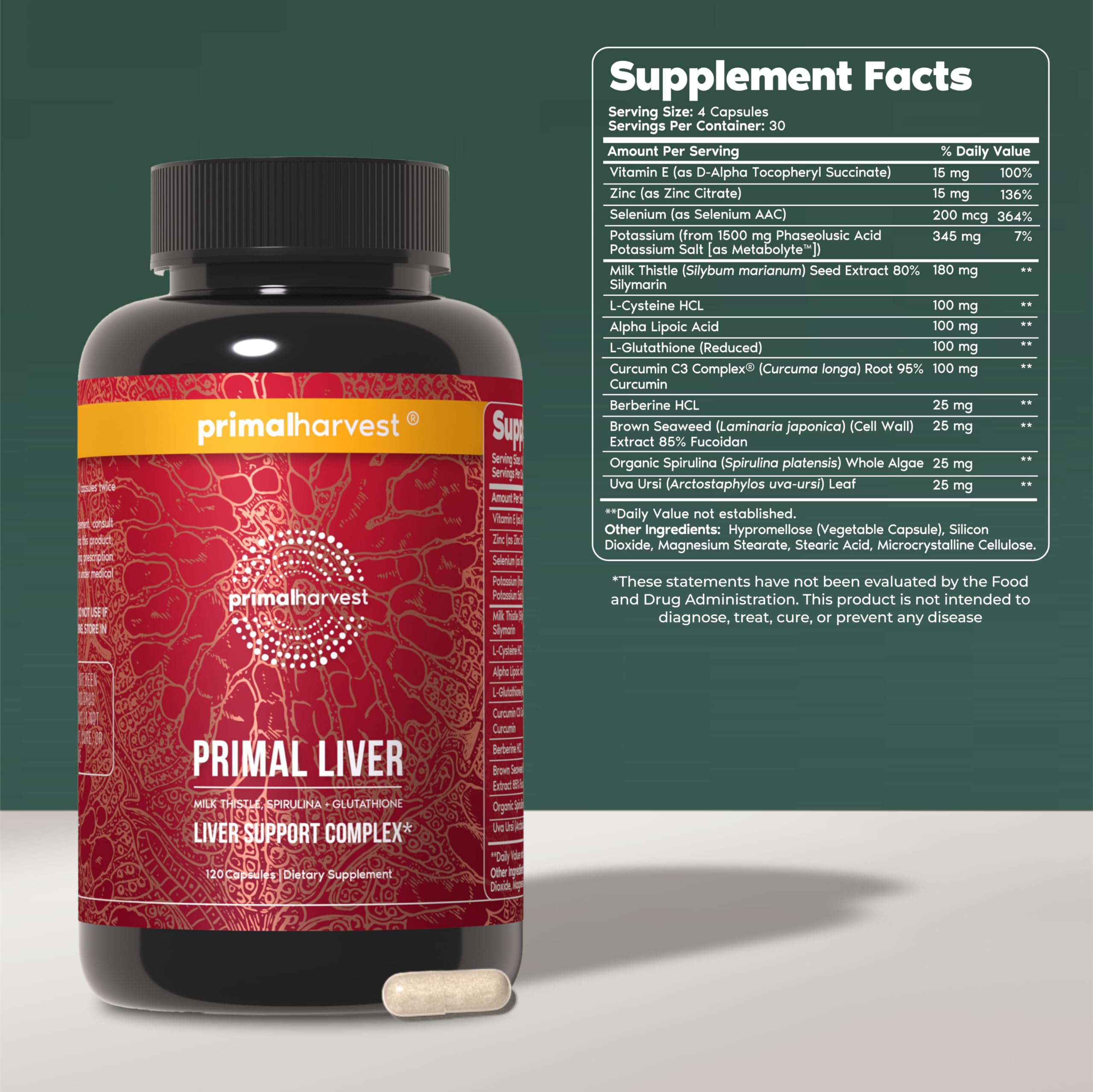 Primal Harvest Liver Support Capsules side view showing capsule count
