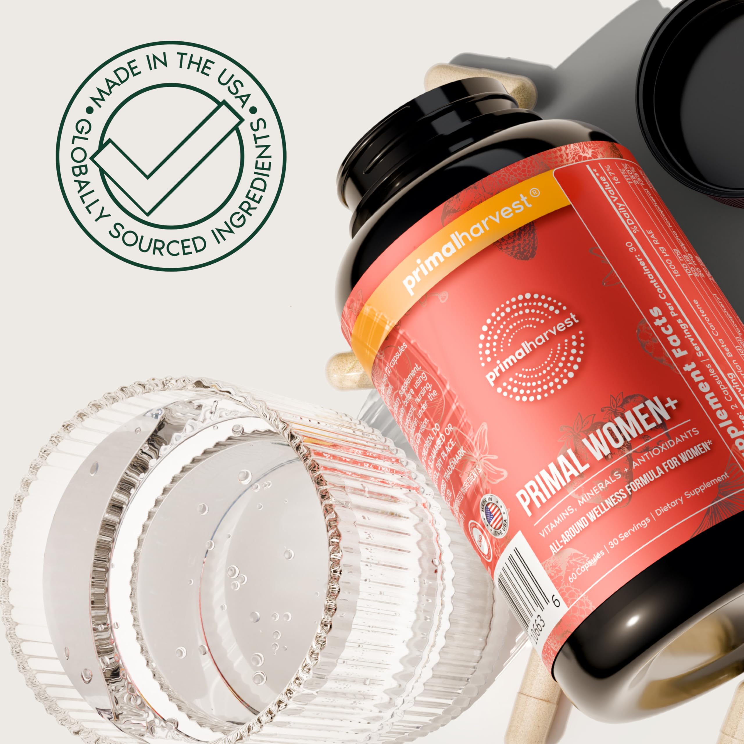 Primal Harvest Multivitamins displayed with fresh fruits