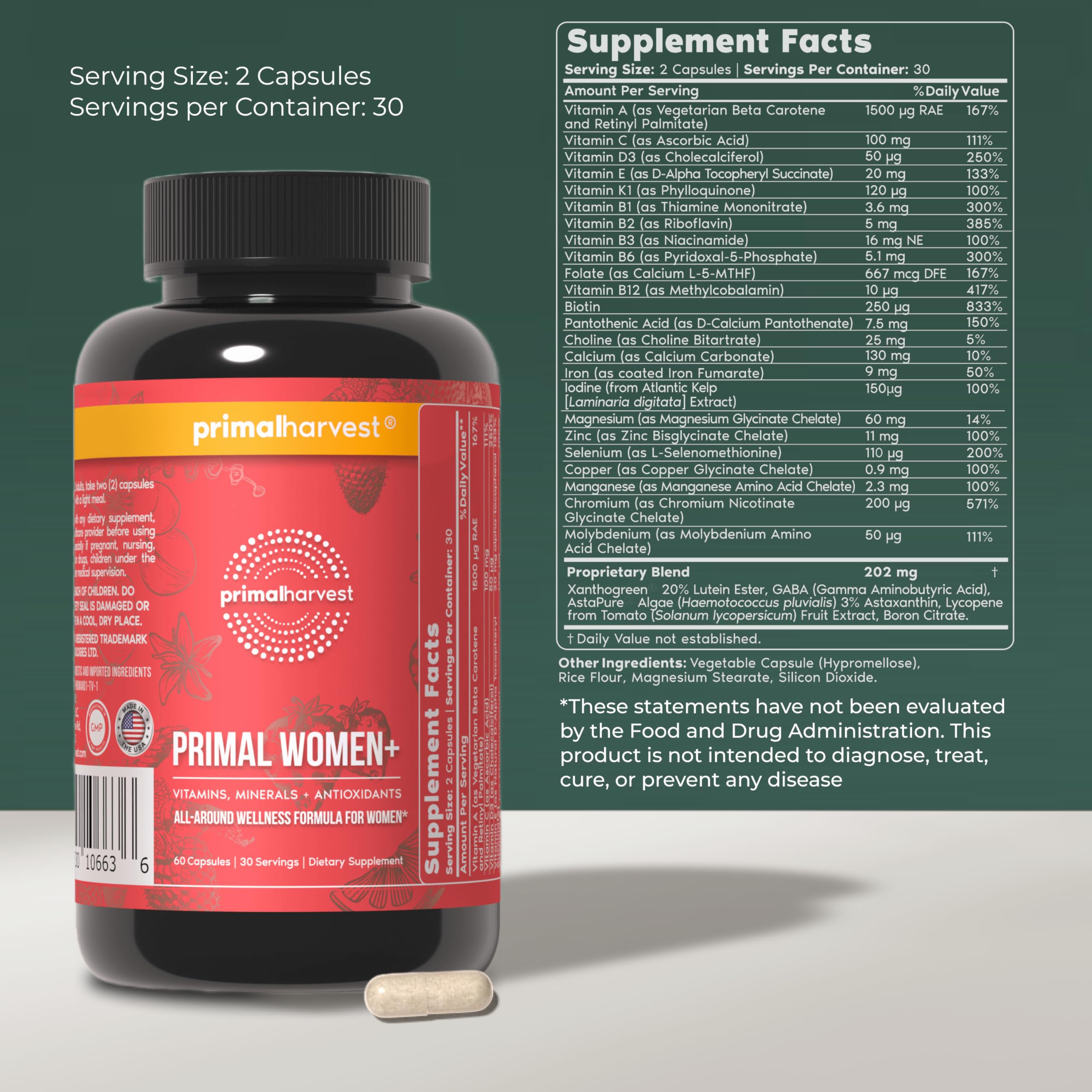 Primal Harvest Multivitamins side view showing capsule size