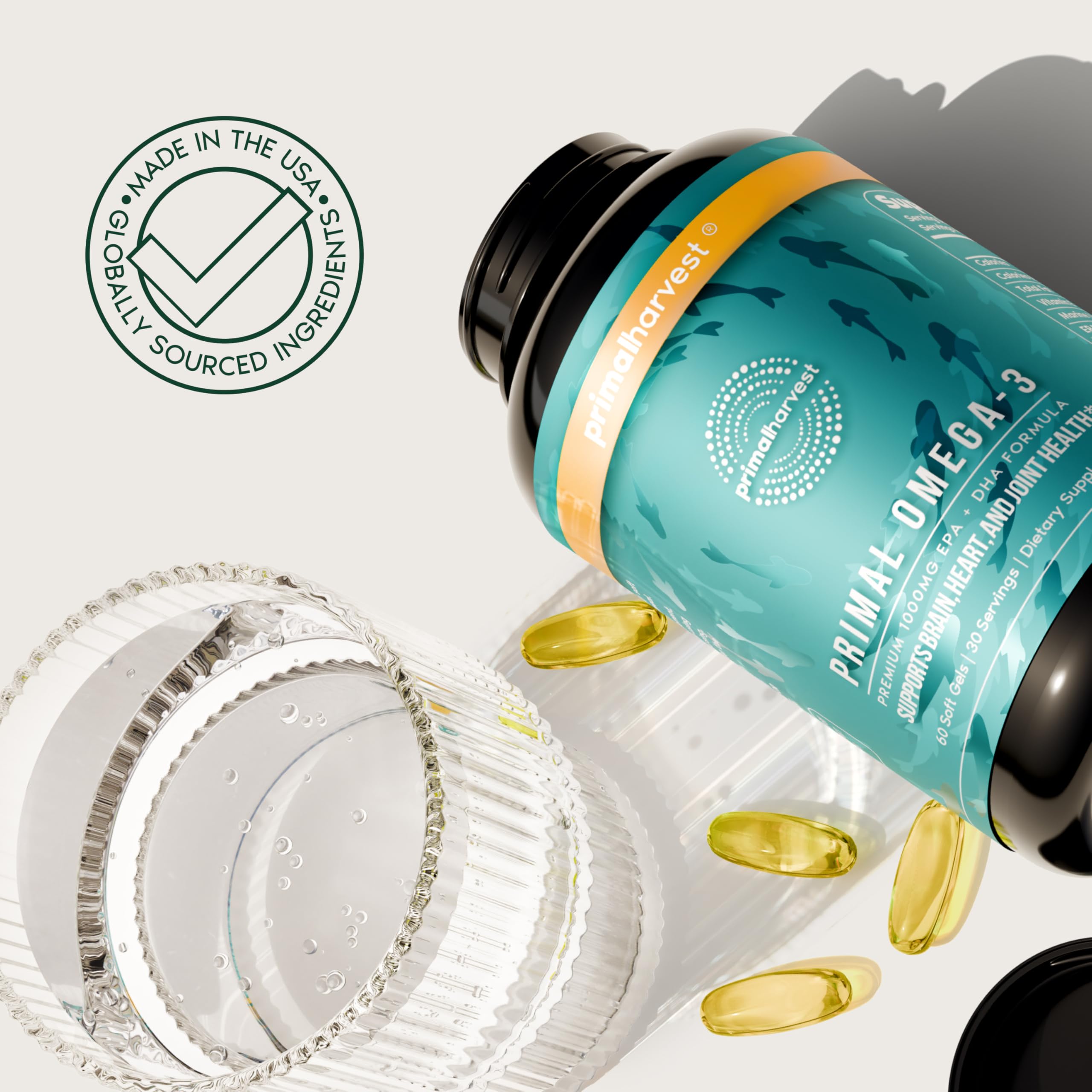 Primal Harvest Omega-3 Fish Oil Softgels in a daily supplement container