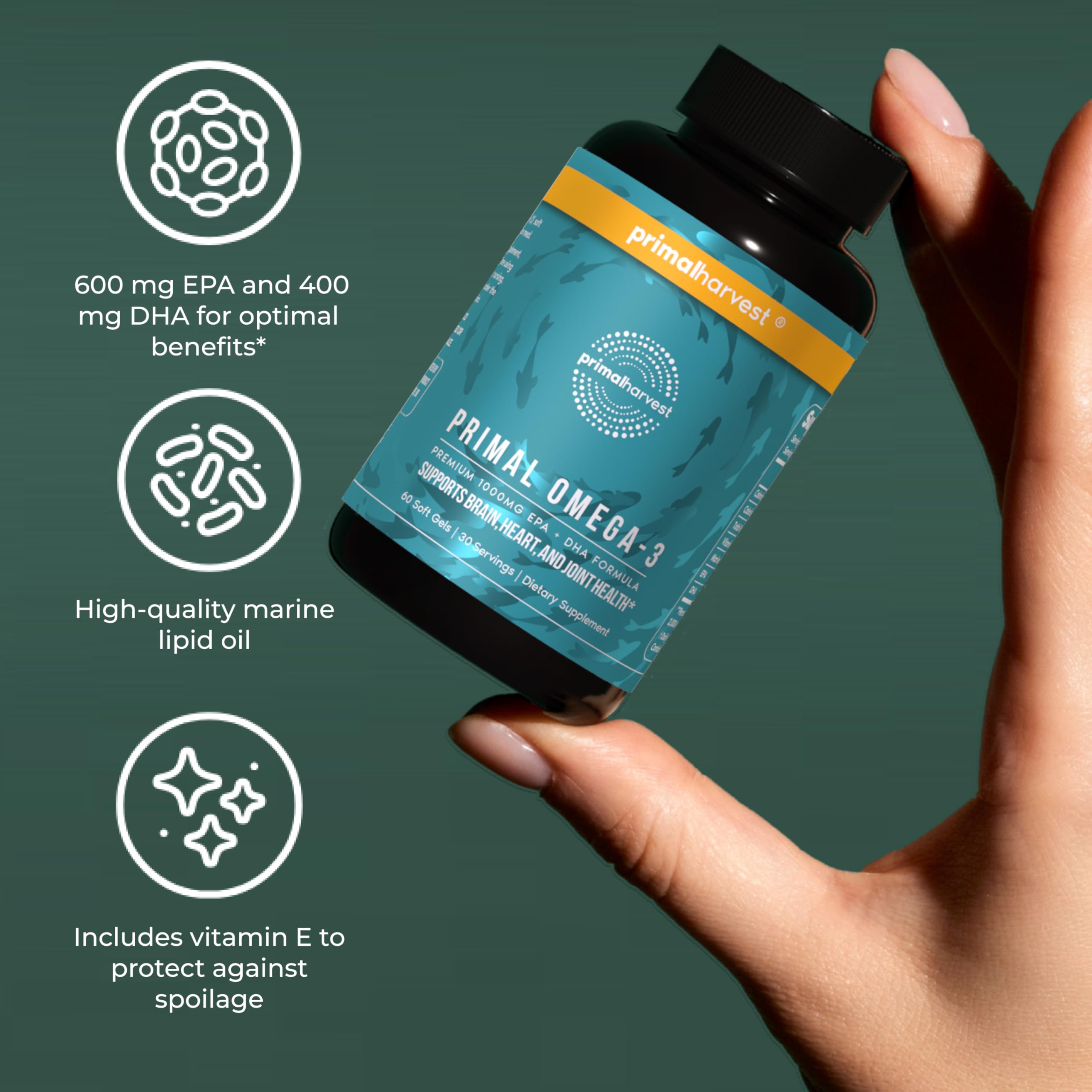Primal Harvest Omega-3 Fish Oil Softgels side view