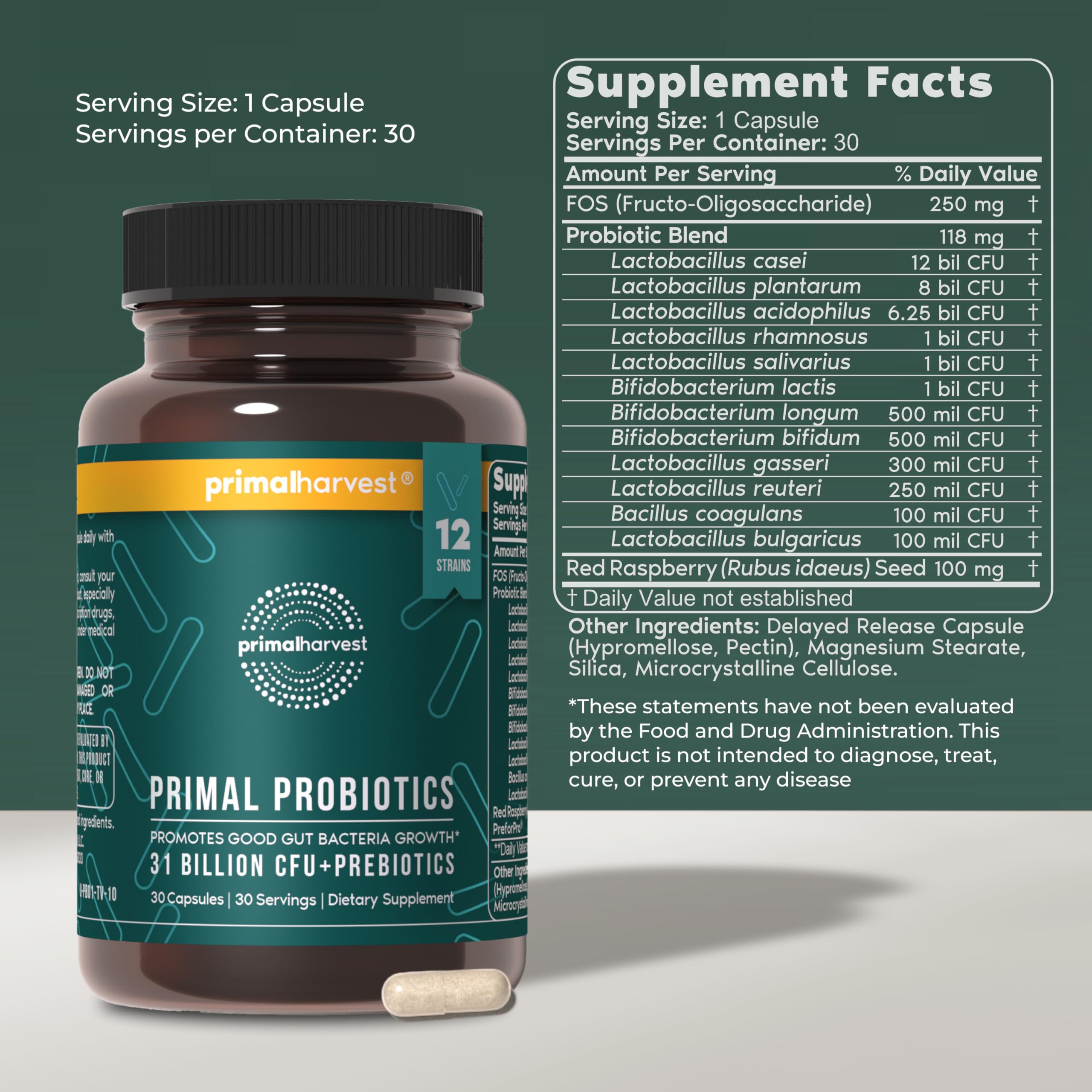 Primal Harvest Prebiotic Capsules 60 Count side view