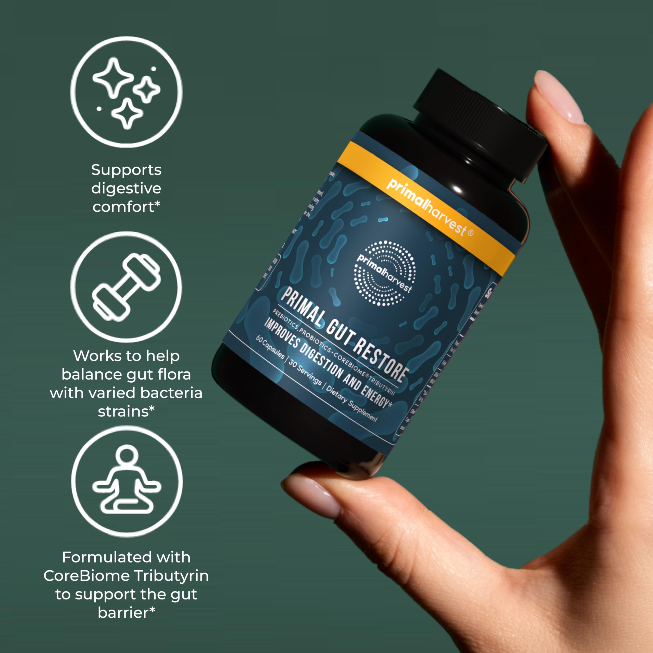 Primal Harvest Prebiotic Supplement 59g on a table