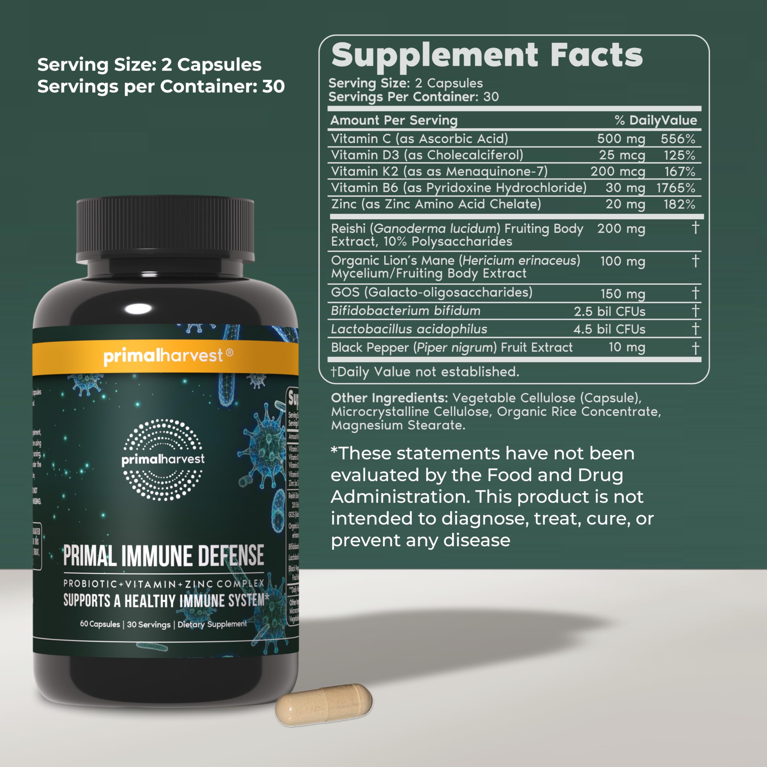Primal Harvest Primal daily wellness Defense 10-in-1 Supplement side view
