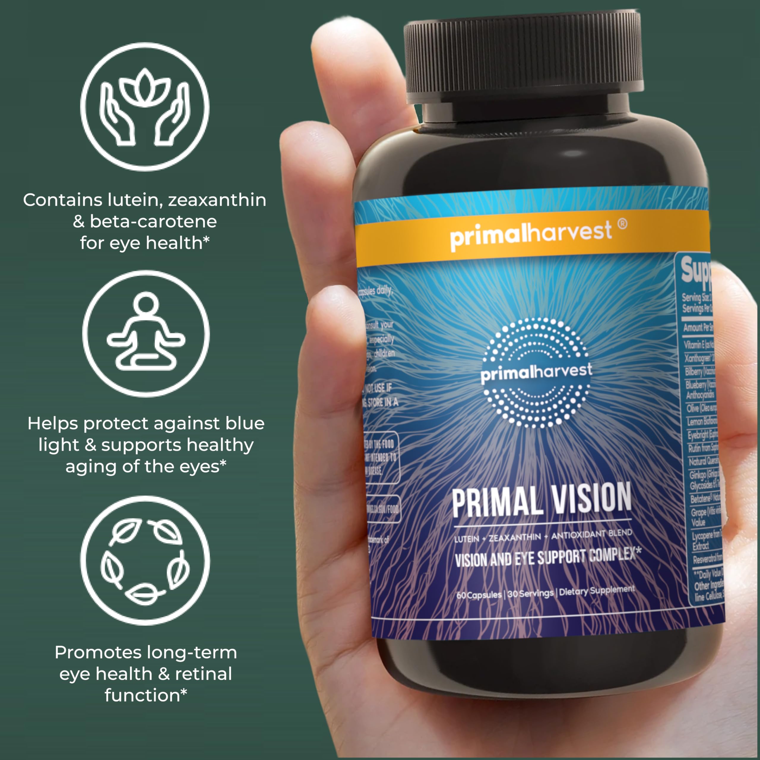 Primal Harvest Primal Vision Lutein capsules on a wooden table