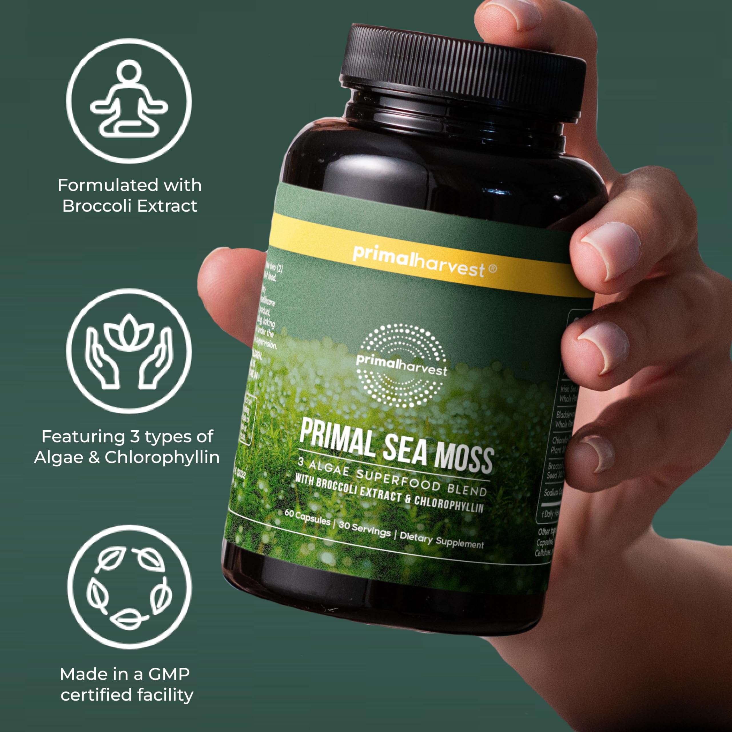 Primal Harvest Sea Moss Complex capsules on wooden table