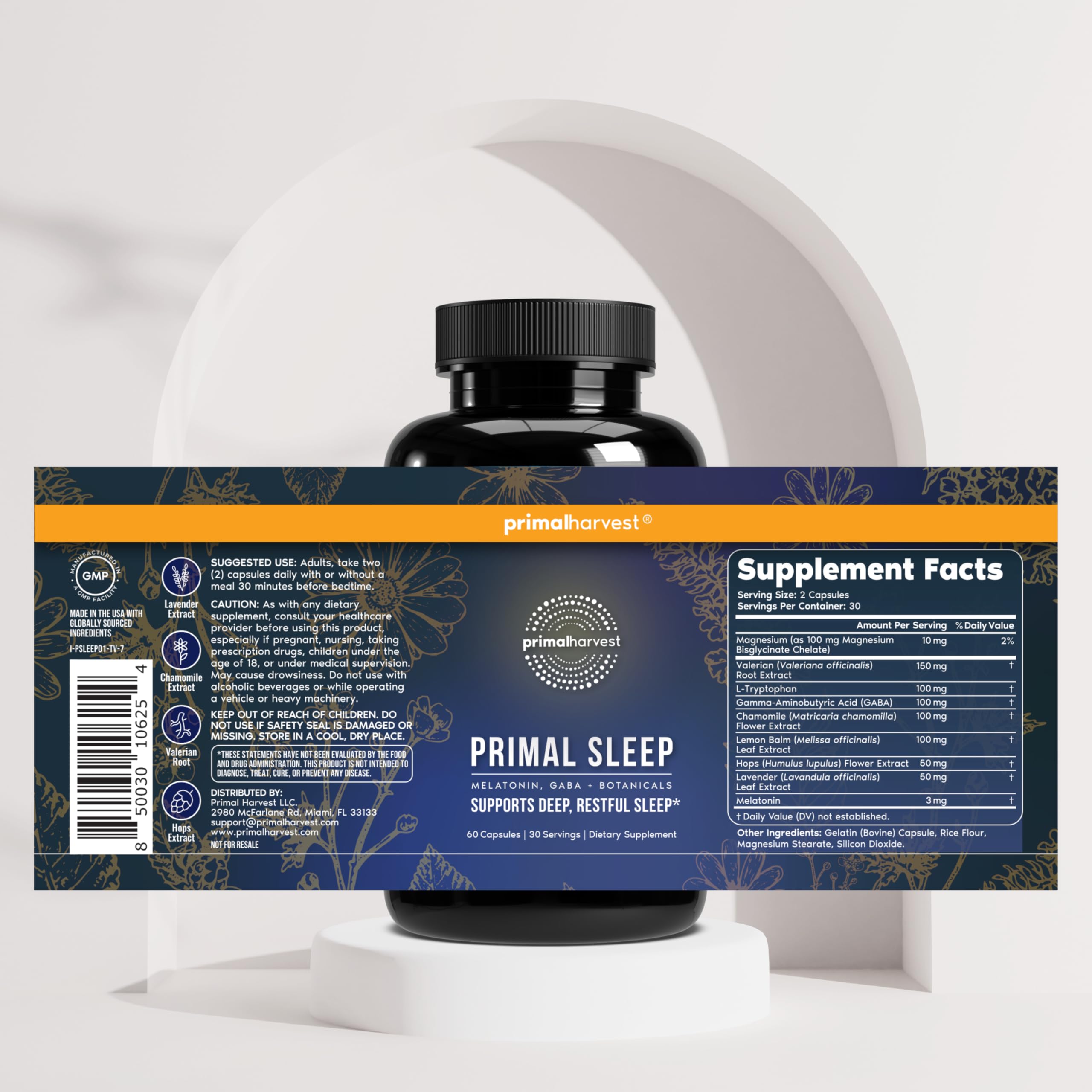 Primal Harvest Sleep daily supplement capsules on a wooden table