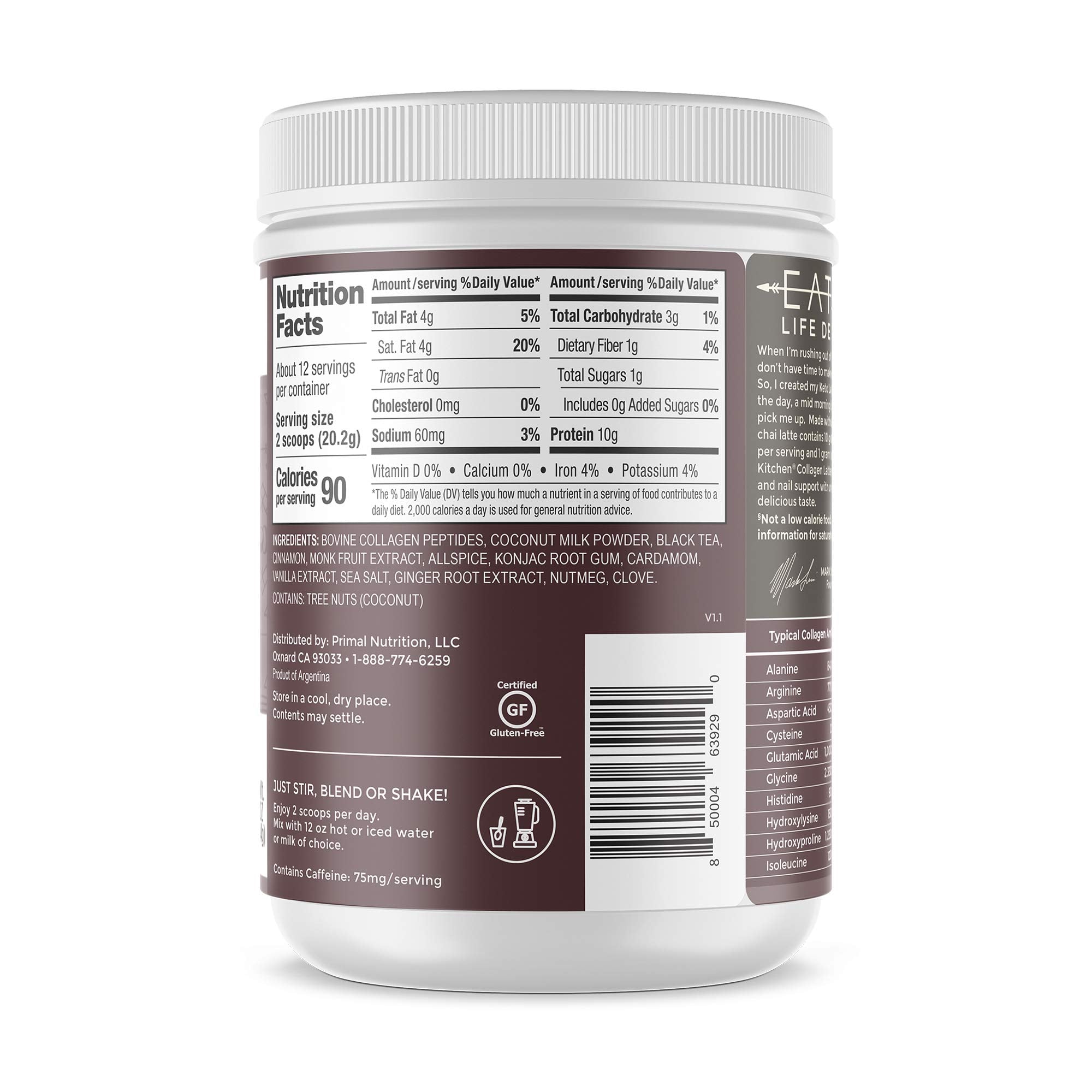 Primal Kitchen Chai Tea Collagen Keto Latte 255g packaging