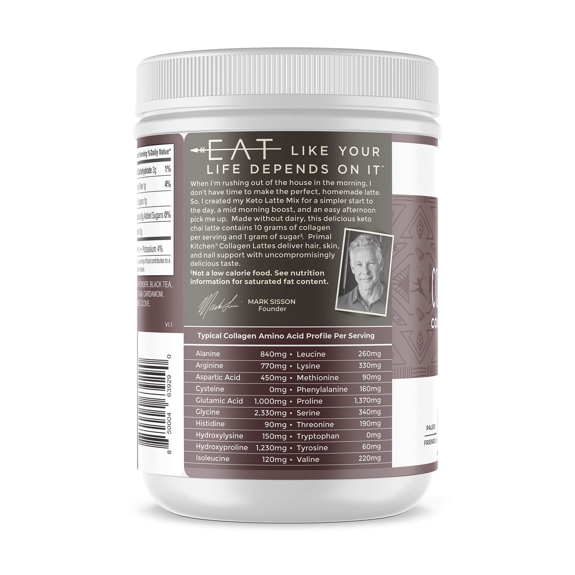 Primal Kitchen Chai Tea Collagen Keto Latte 255g scoop with powder