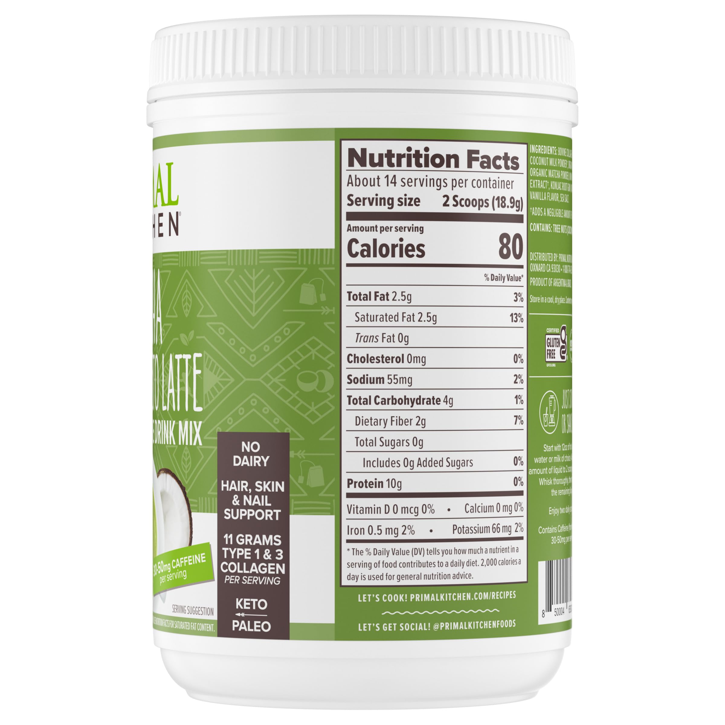 Primal Kitchen Collagen Keto Latte Matcha 272g close-up of powder texture