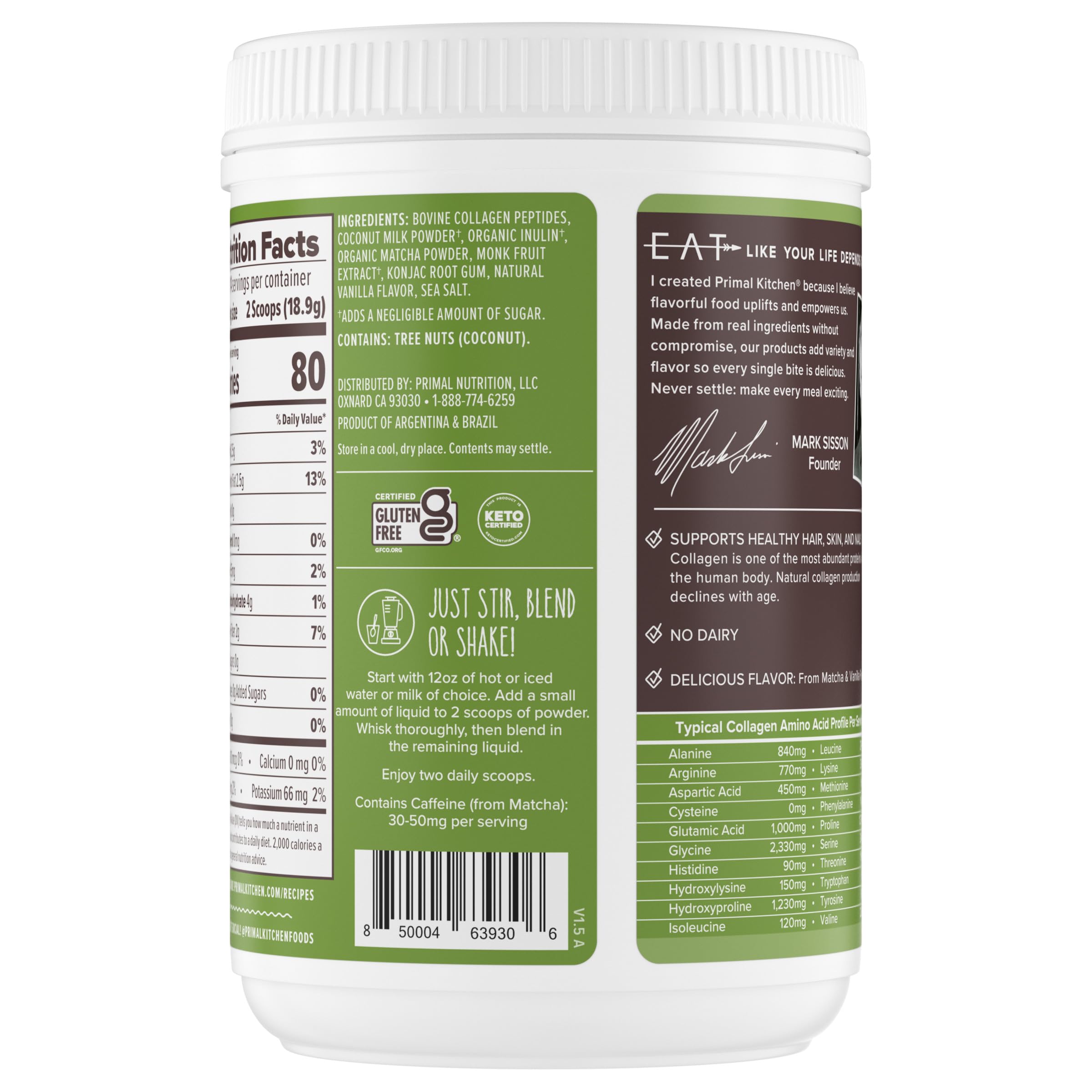 Primal Kitchen Collagen Keto Latte Matcha lifestyle scene with a cup