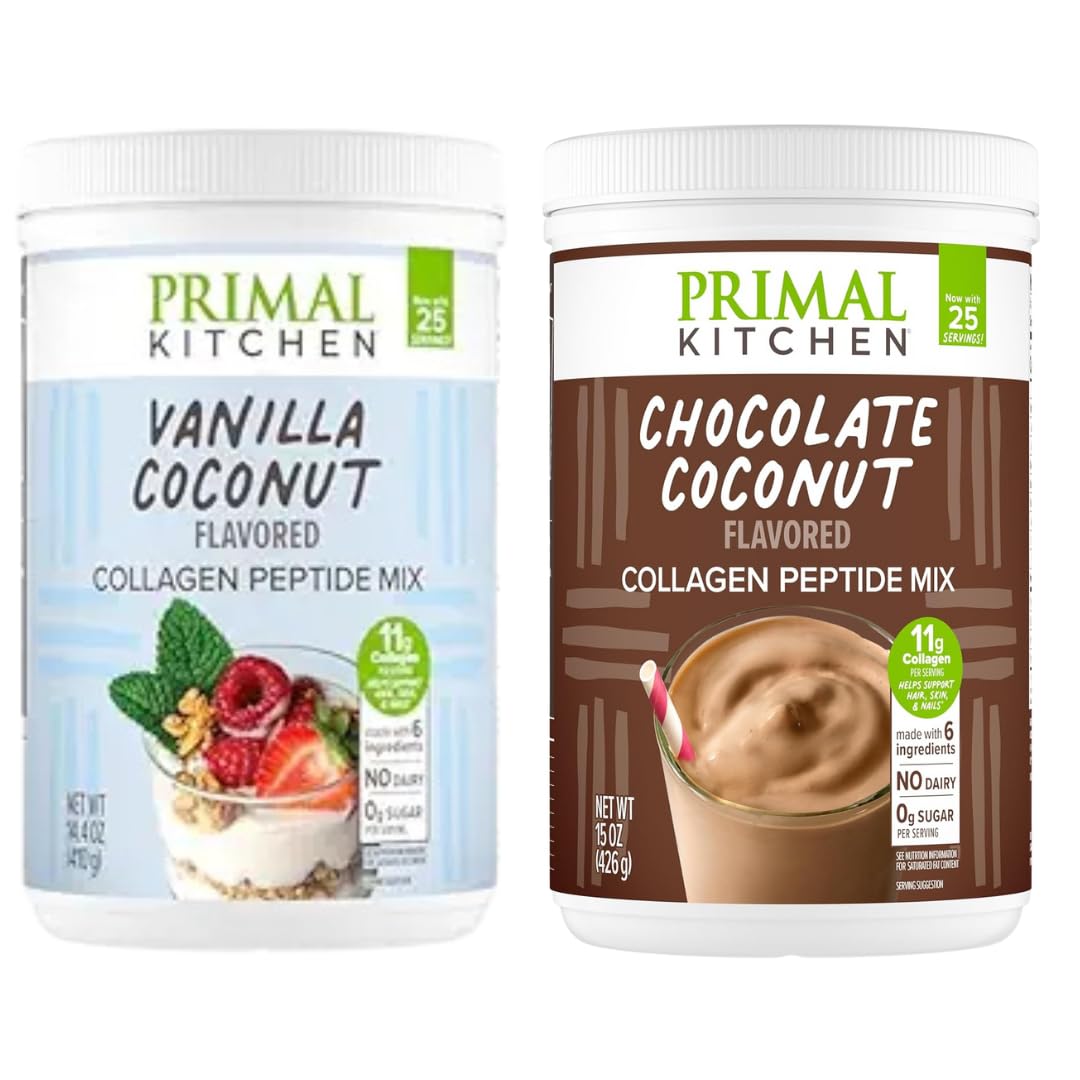 Primal Kitchen Collagen Powder Variety Pack front view with Vanilla and Chocolate Coconut