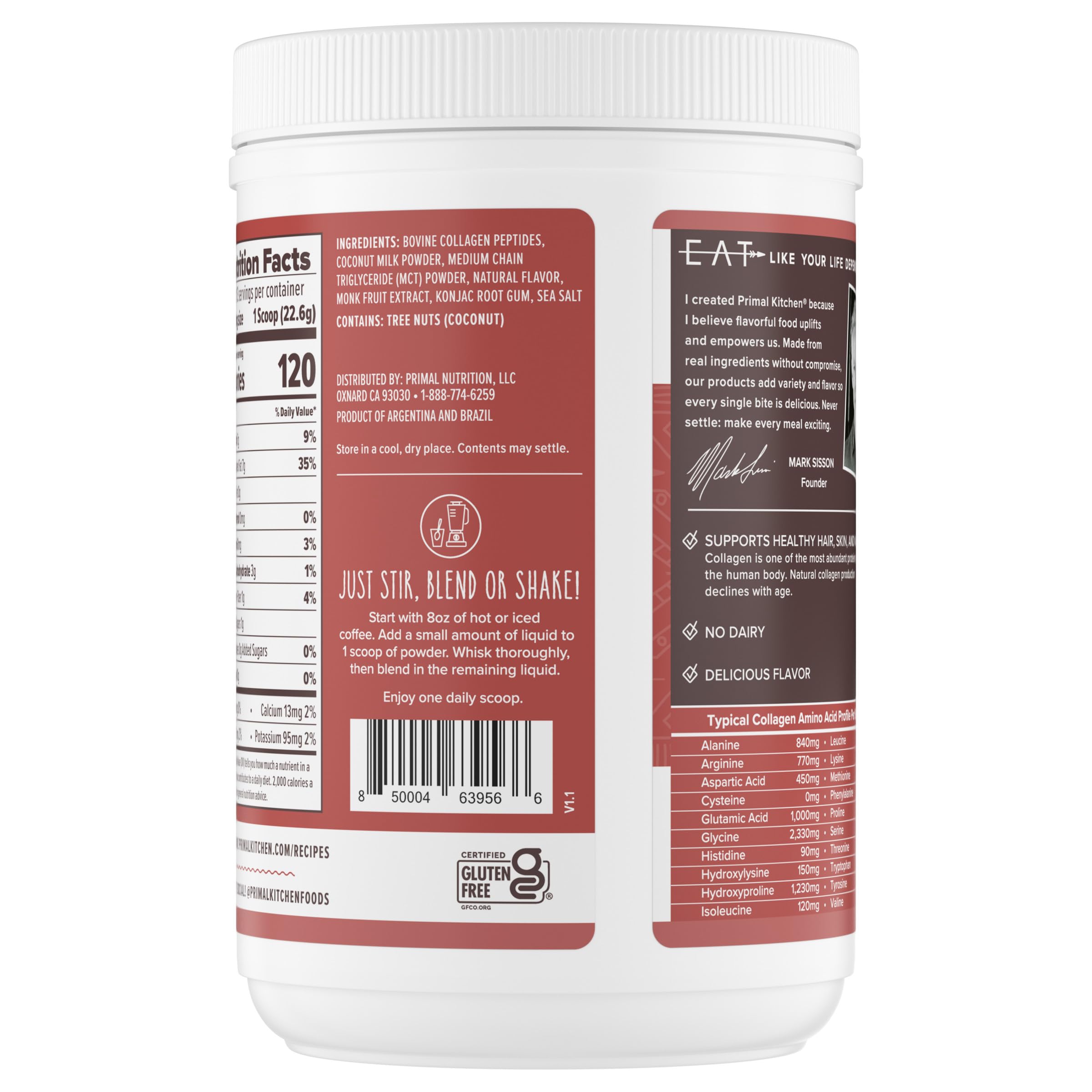 Primal Kitchen Hazelnut Collagen Creamer in a cup of coffee