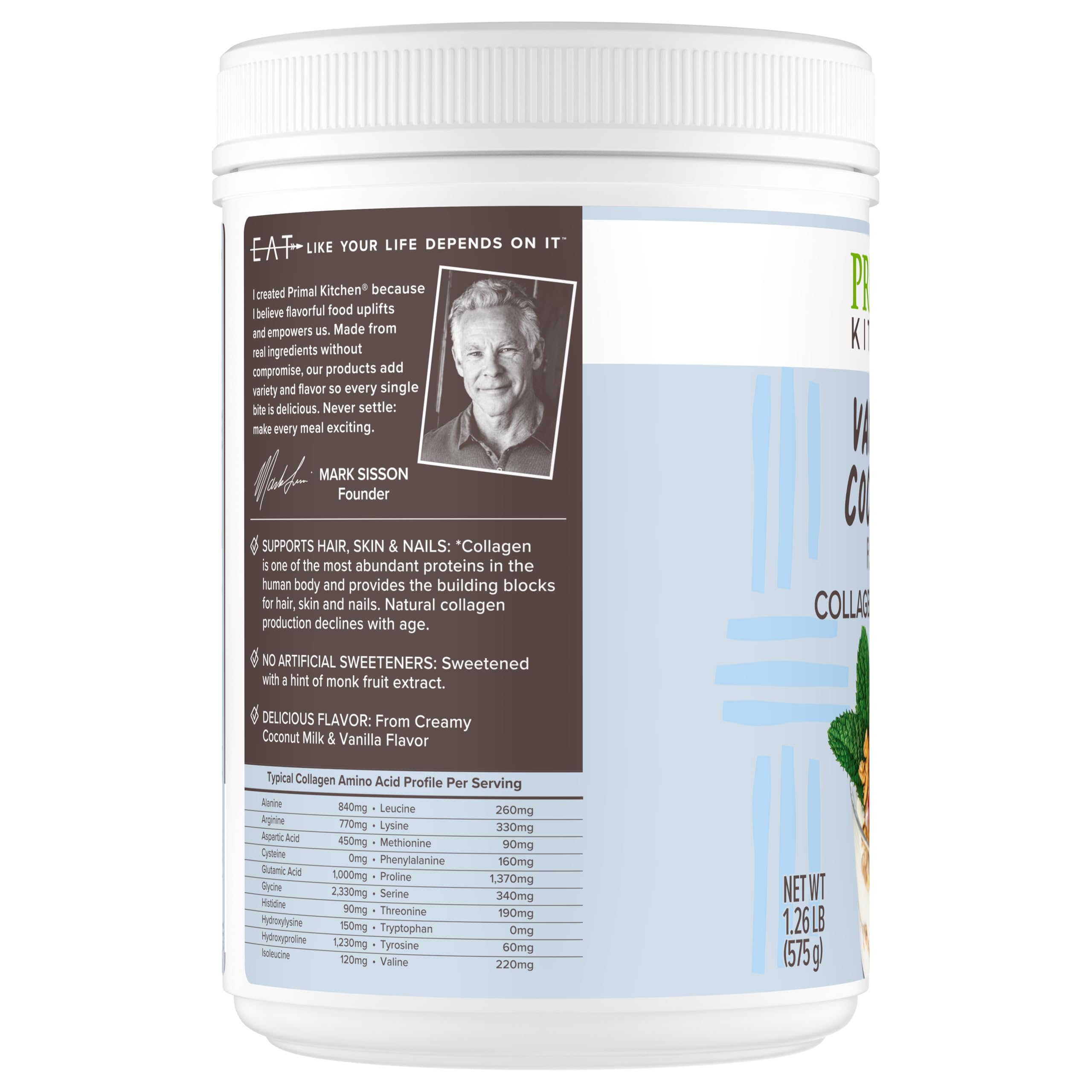 Primal Kitchen Vanilla Coconut Collagen 20 oz scoop with powder