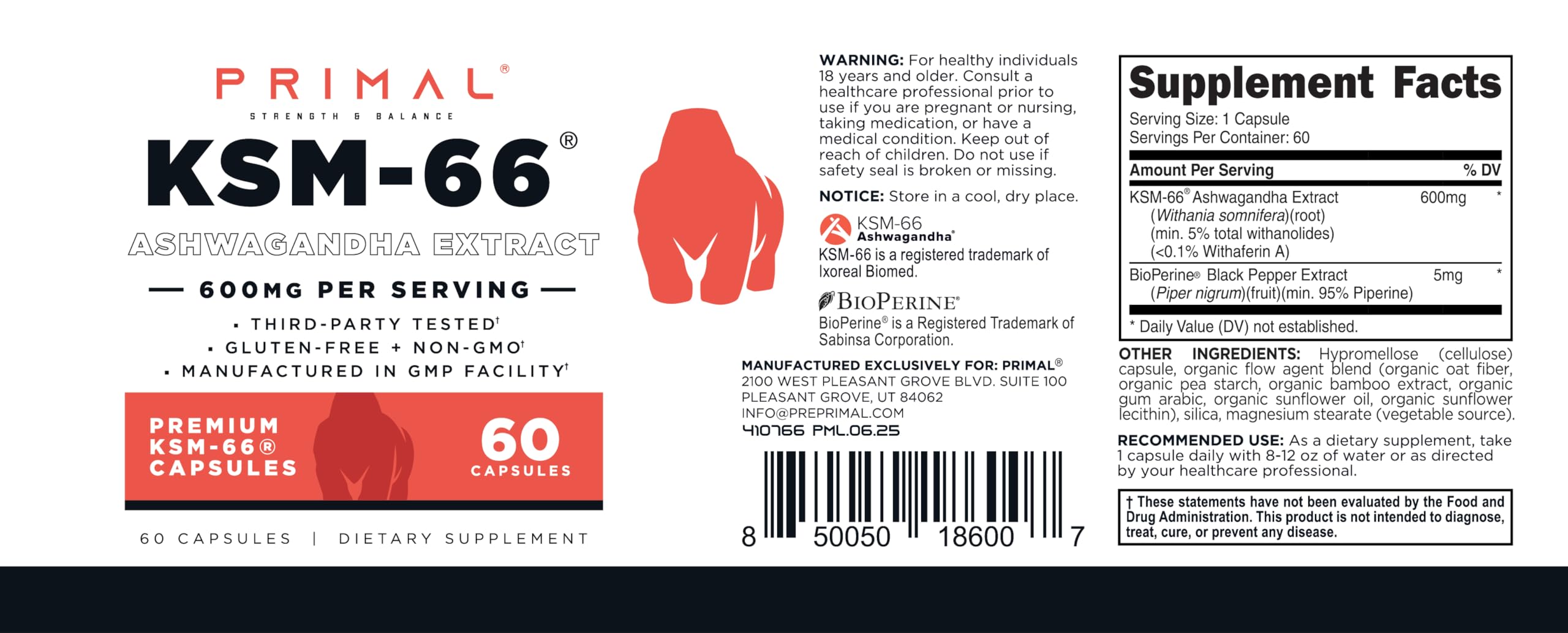 Primal KSM-66 Ashwagandha Capsules packaging dimensions