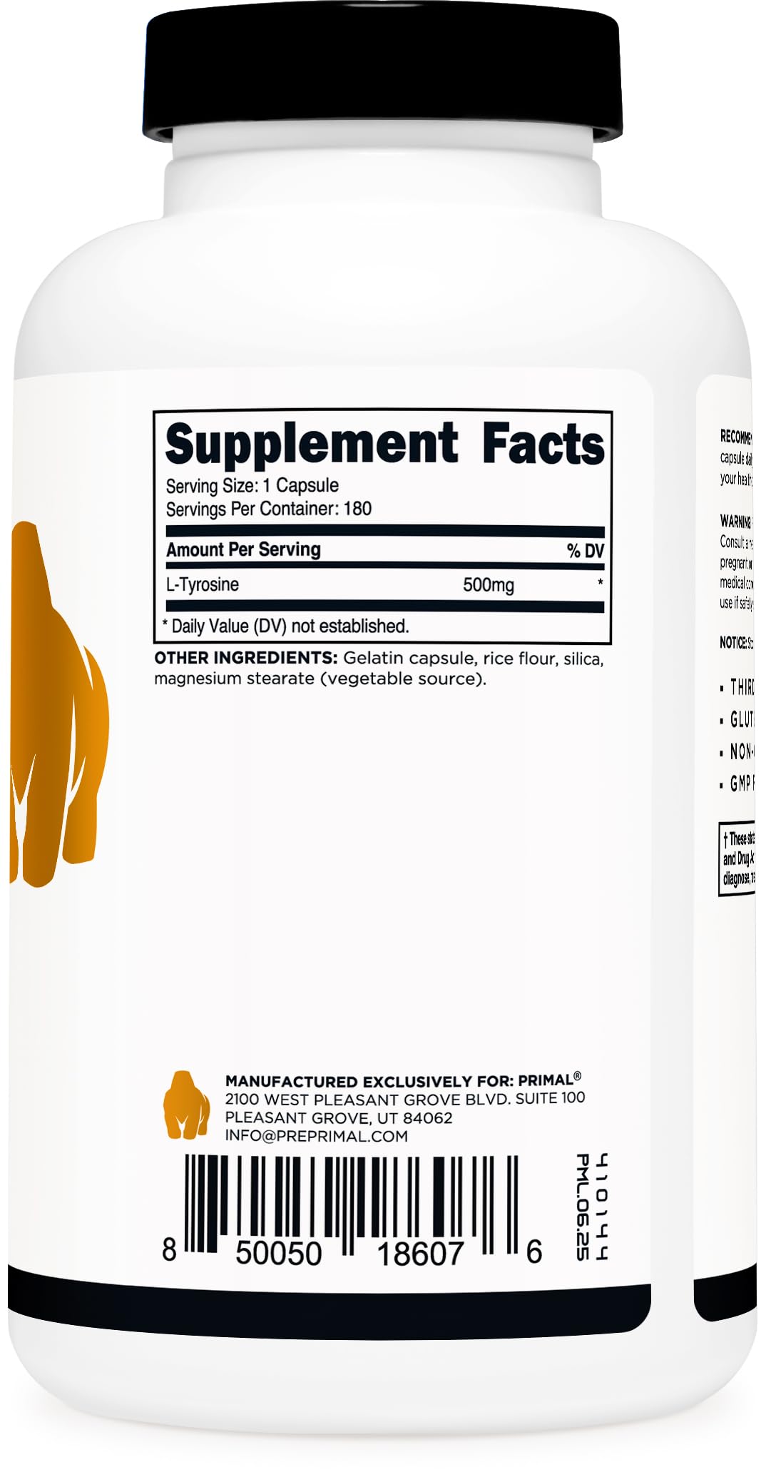 Primal L-Tyrosine Capsules 500mg back view with ingredient list