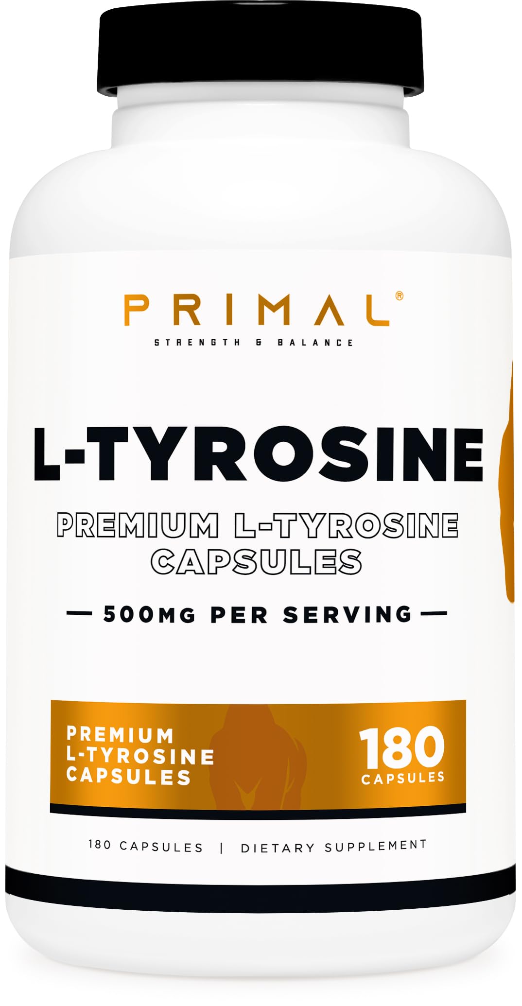 Primal L-Tyrosine Capsules 500mg front view of bottle