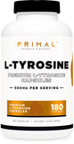 Primal L-Tyrosine Capsules 500mg front view of bottle