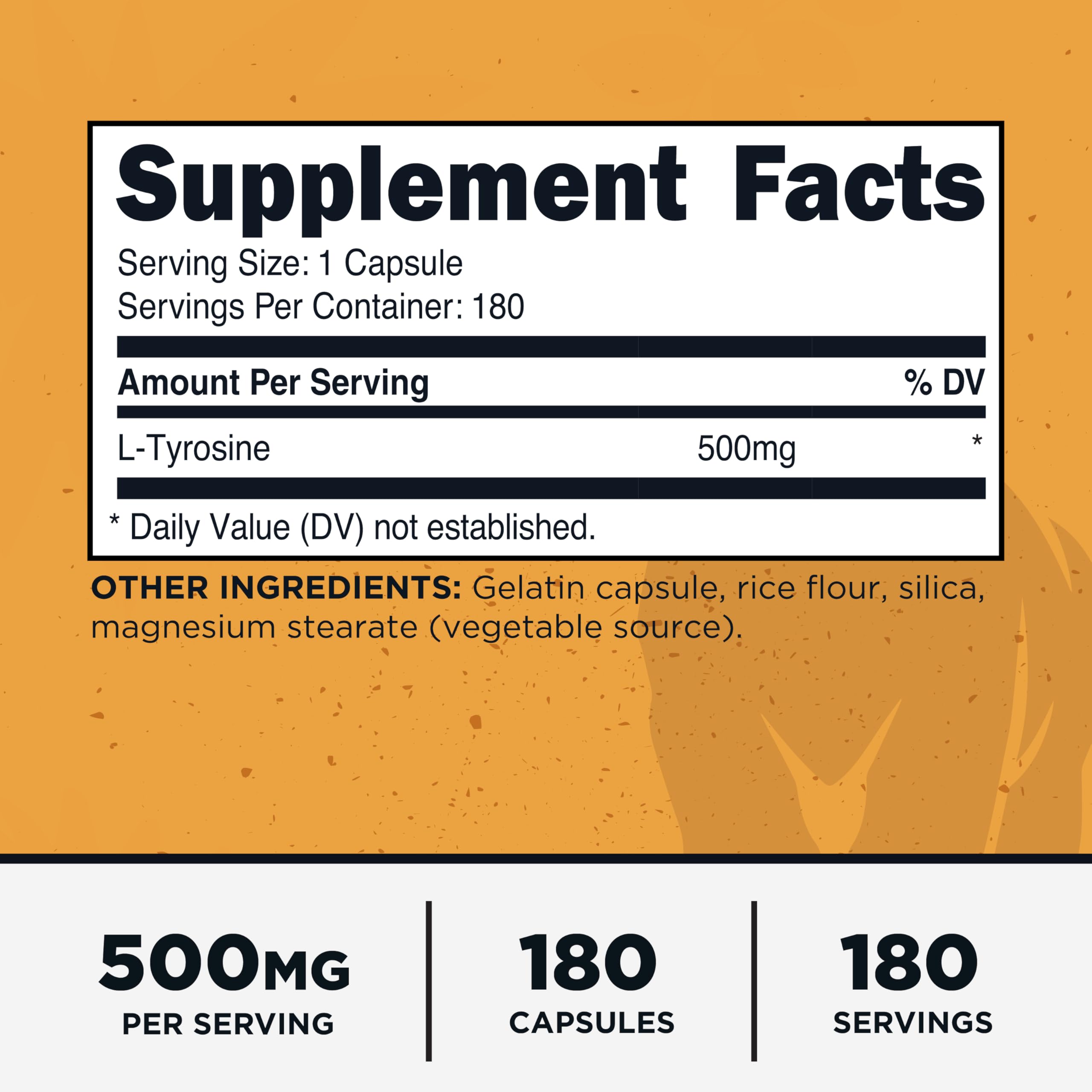 Primal L-Tyrosine Capsules 500mg side view showing capsule count
