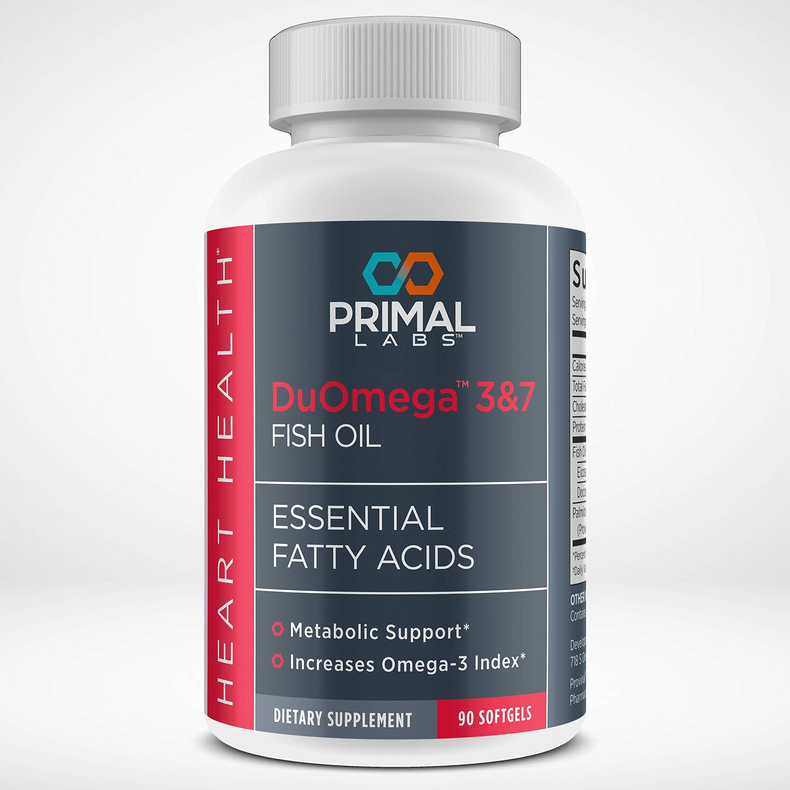 Primal Labs DuOmega 3&7 Omega-3 and Omega-7 supplement capsules front view