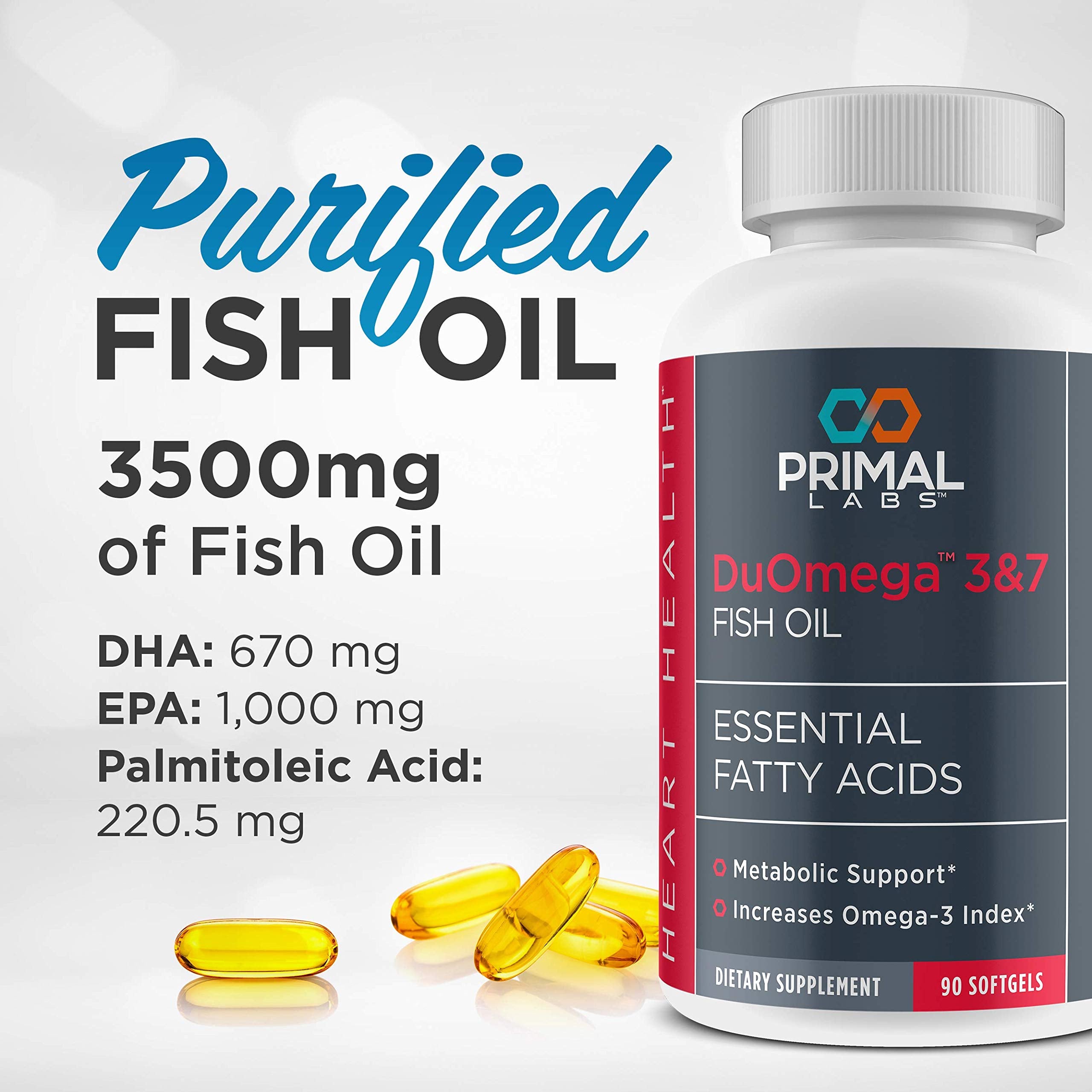 Primal Labs DuOmega 3&7 Omega-3 capsules on a wooden table